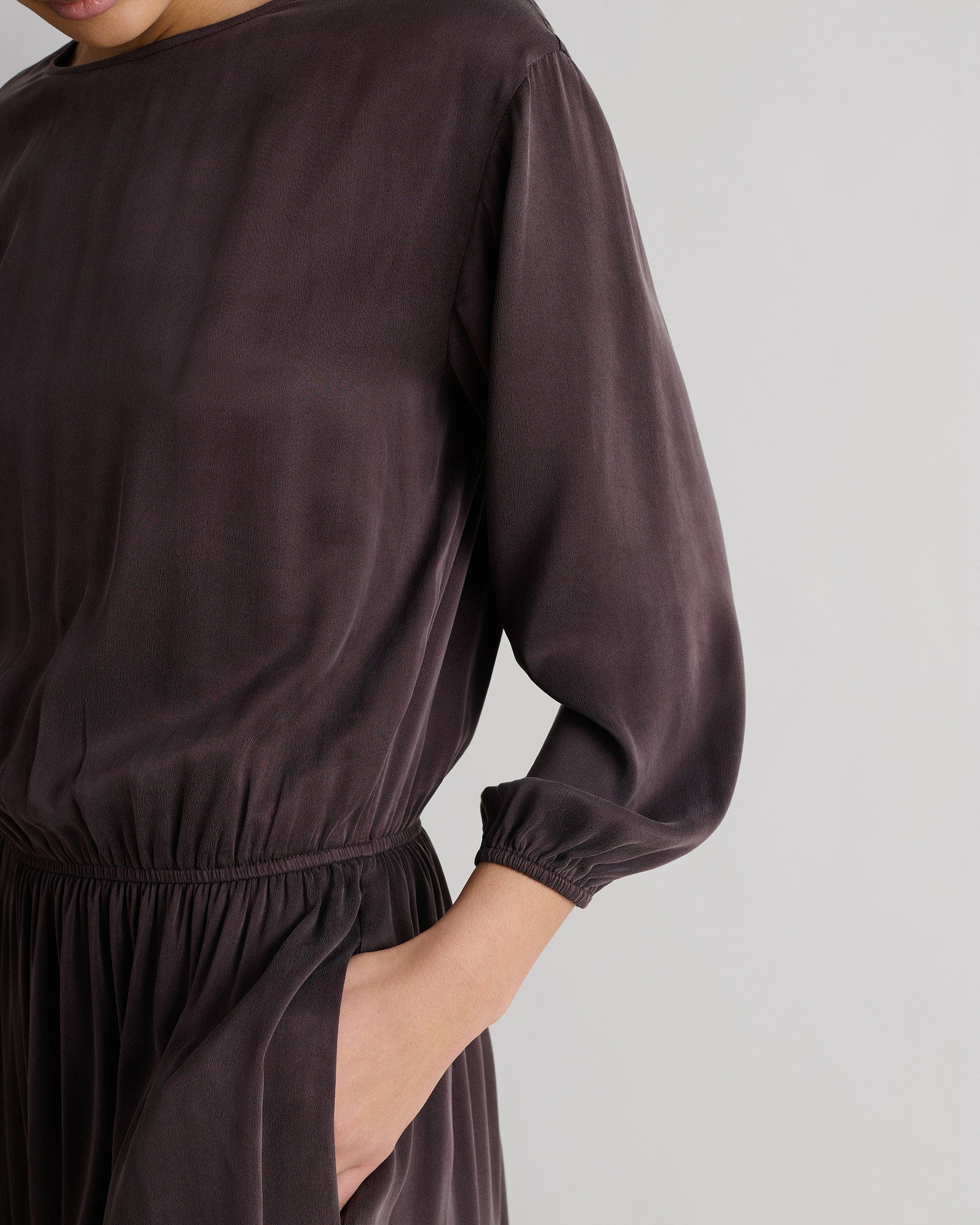 Women's Gathered Waist Easy-Silk Dress - Umber