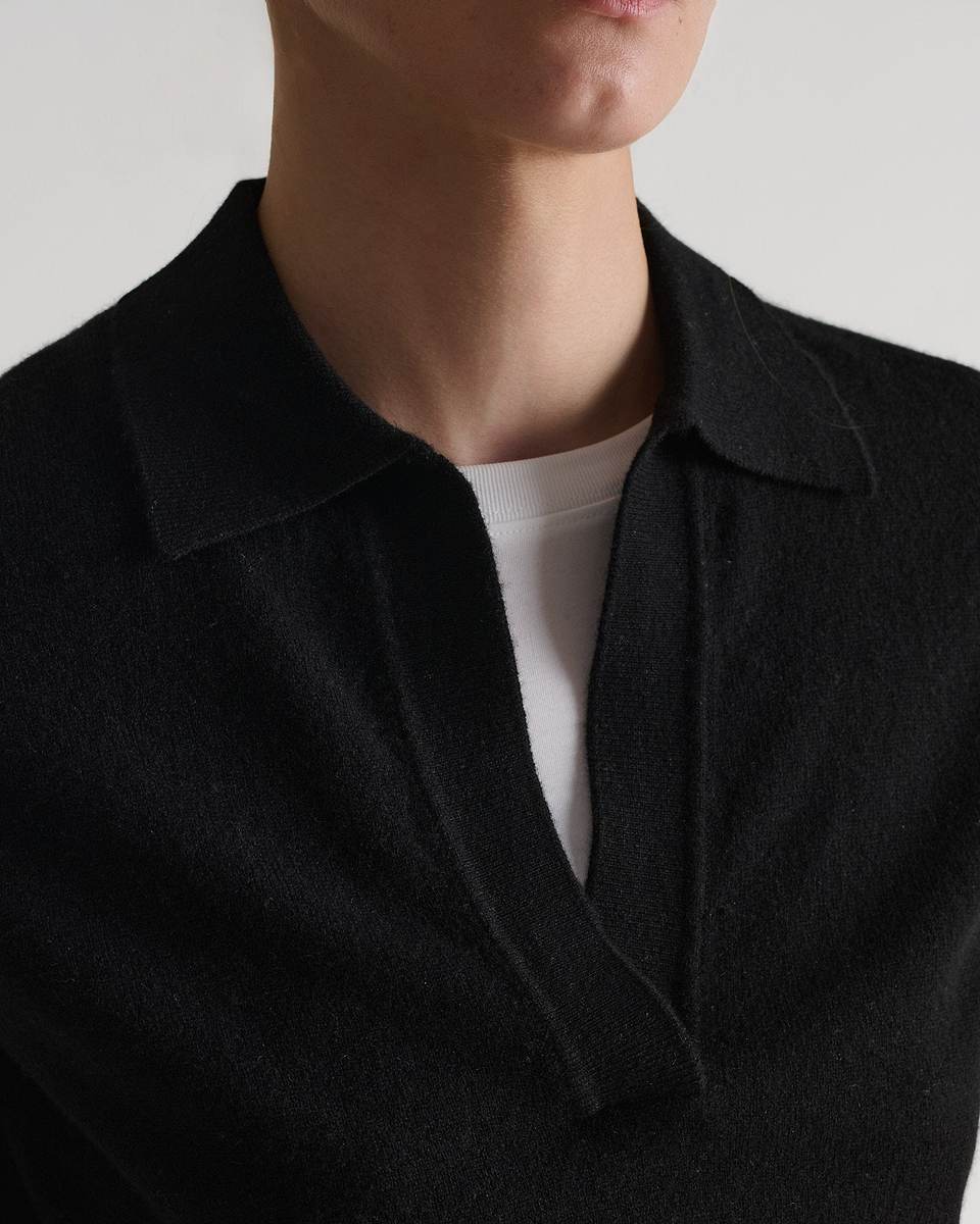 Women's Finest Cashmere Open Collar Polo - Black