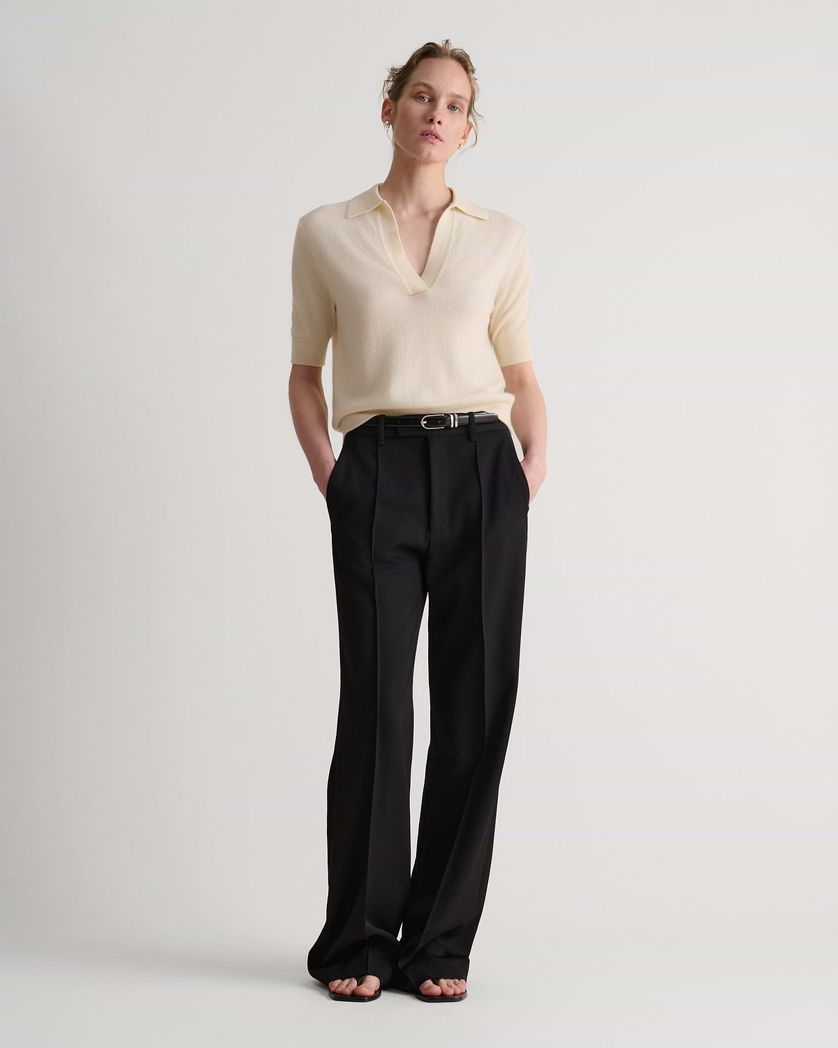 Women's Finest Cashmere Open Collar Polo - Buttermilk