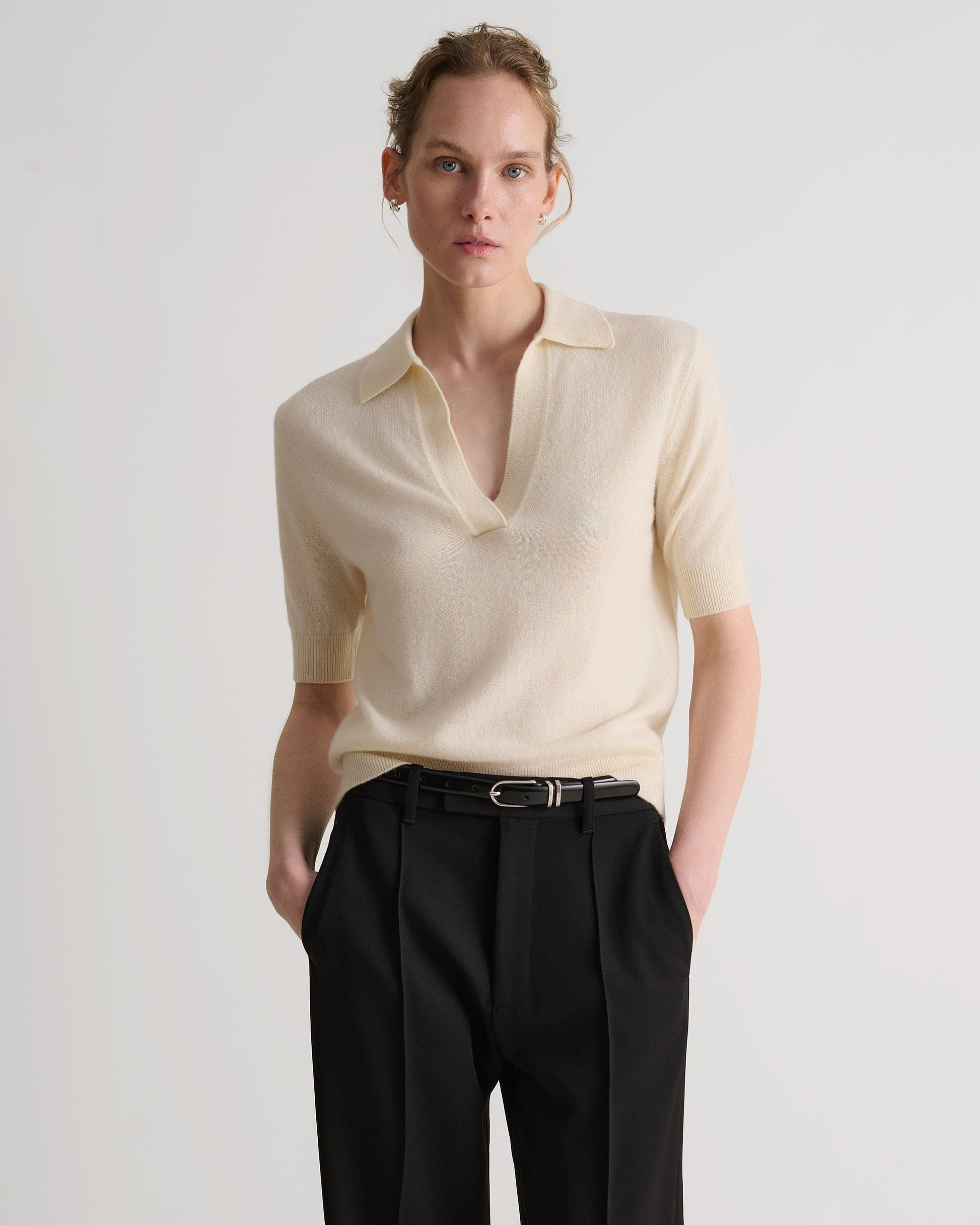 Women's Finest Cashmere Open Collar Polo - Buttermilk