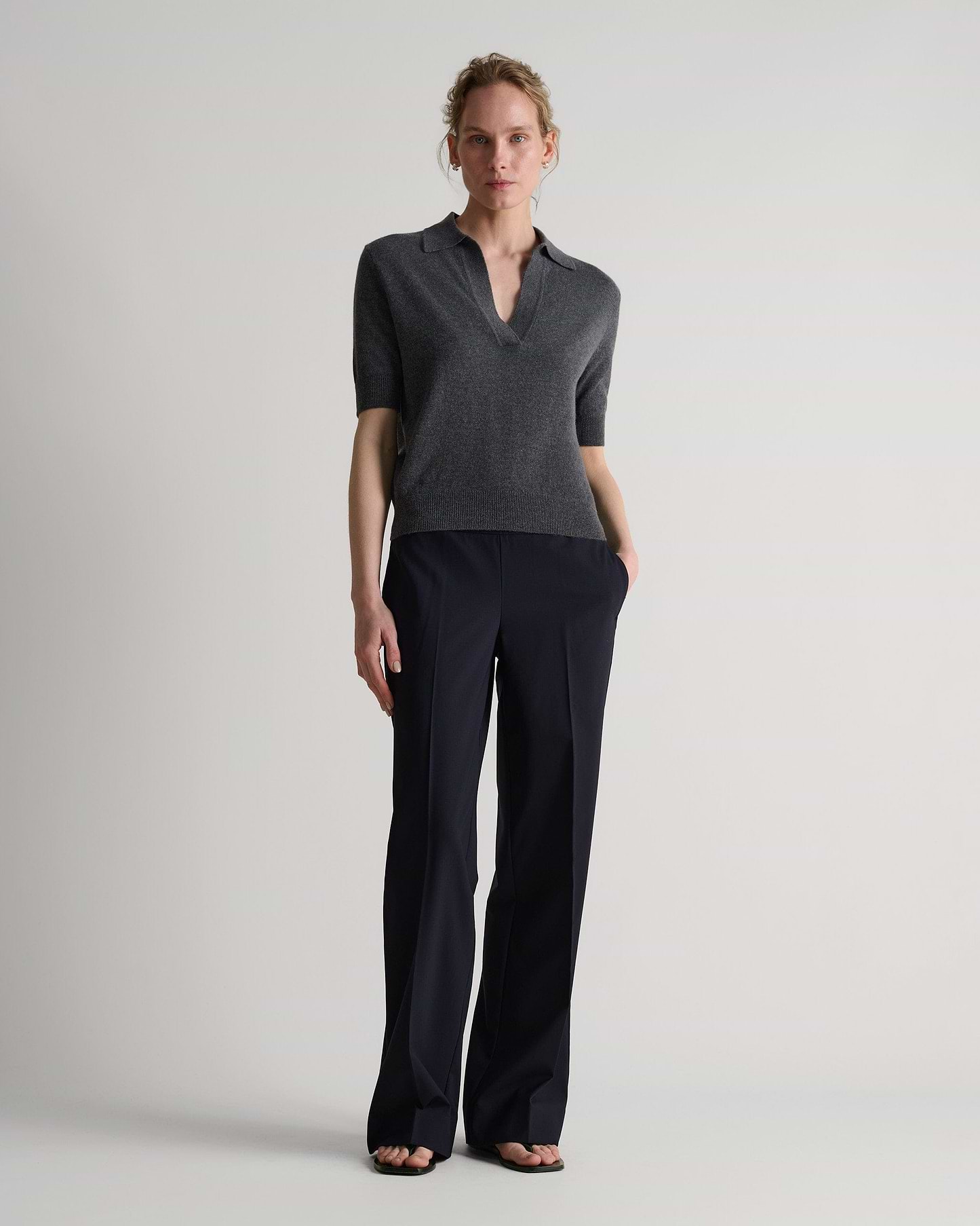 Women's Finest Cashmere Open Collar Polo - Graphite