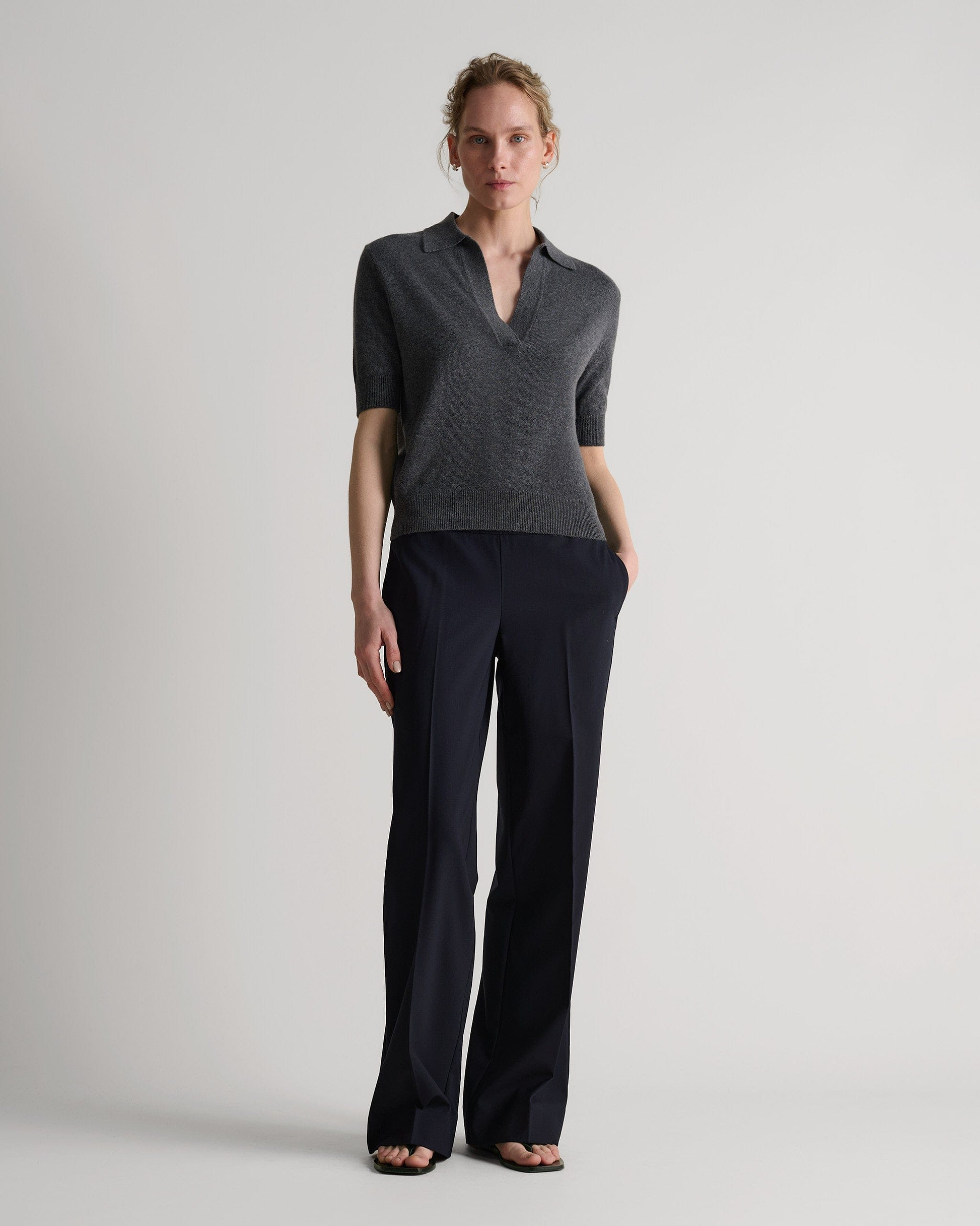 Women's Finest Cashmere Open Collar Polo - Graphite