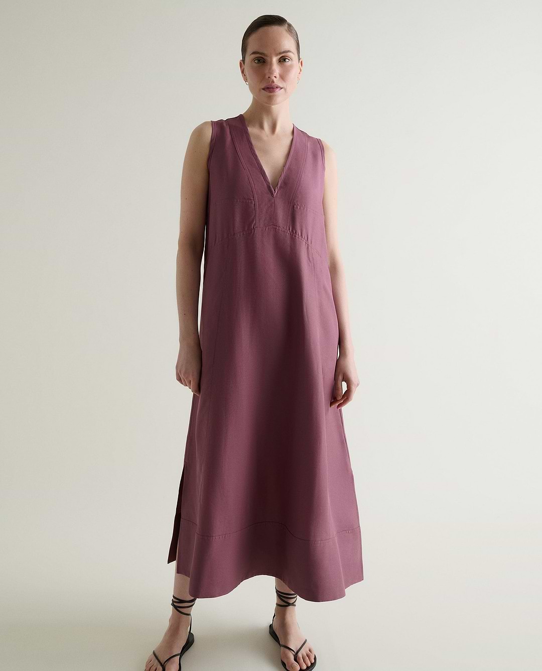 Women's Future-Linen Panelled V Neck Dress - Smoky Lilac