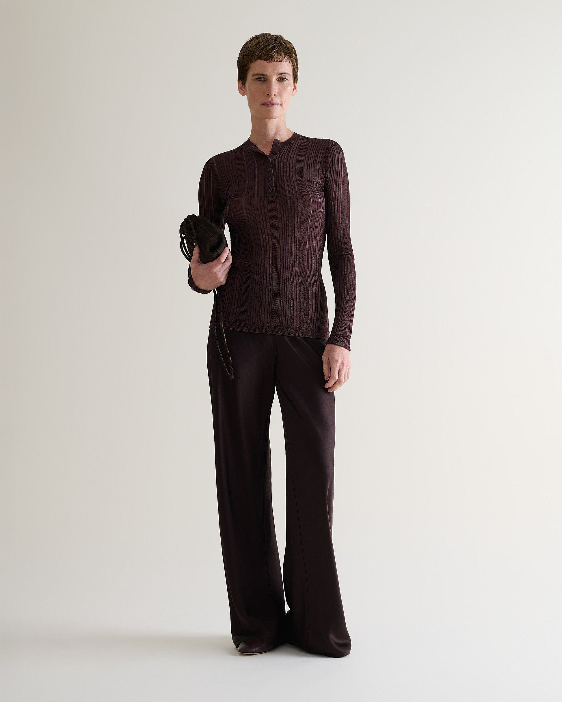 Women's Ladder Ribbed Henley Top - Chocolate