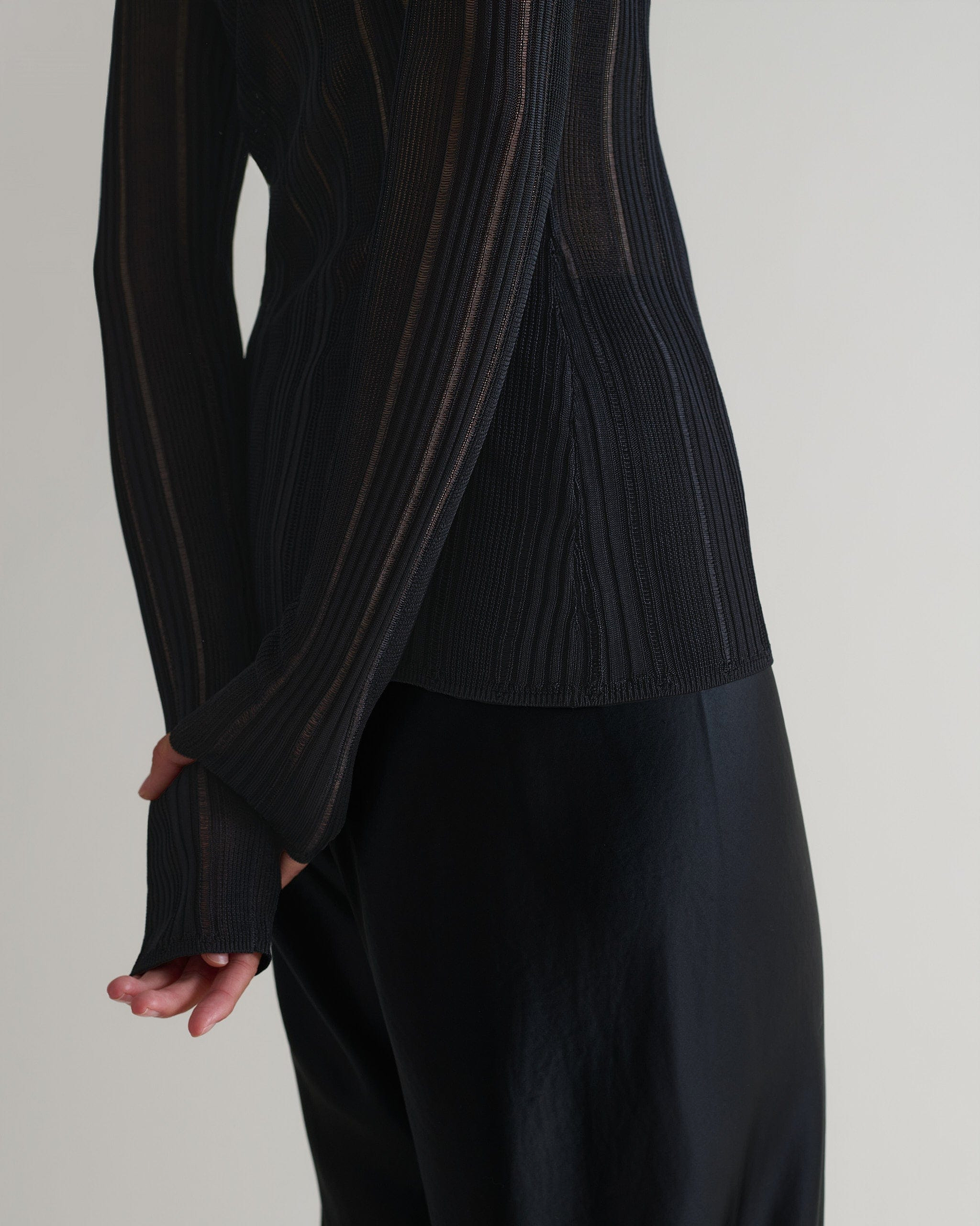 Women's Ladder Ribbed Roll Neck Top - Black