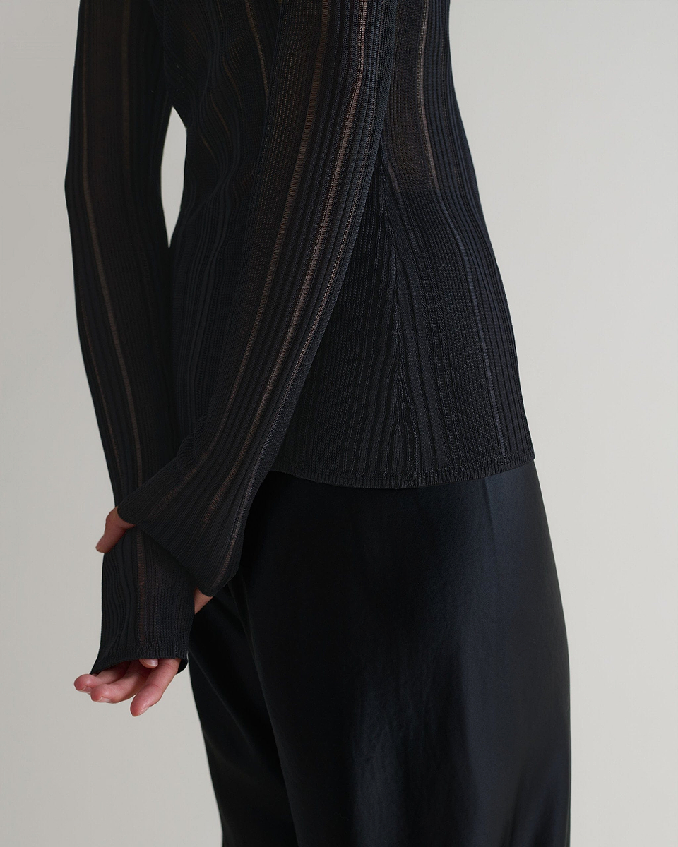 Women's Ladder Ribbed Roll Neck Top - Black
