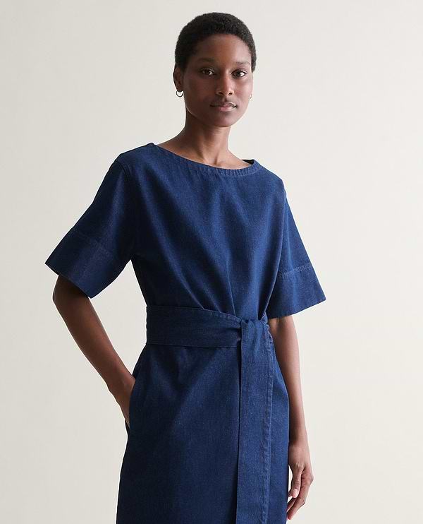 Women's Organic Denim Belted Dress - Indigo