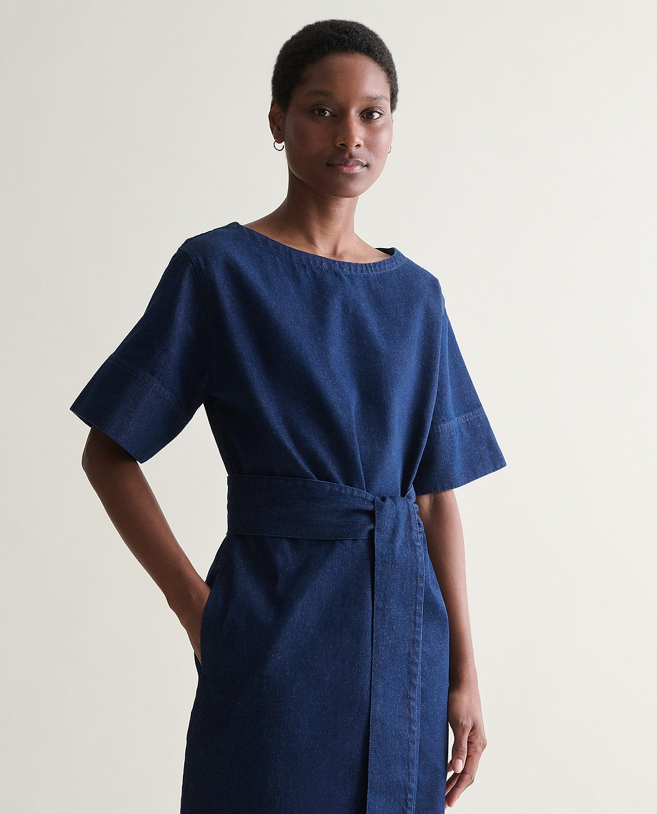 Women's Organic Denim Belted Dress - Indigo