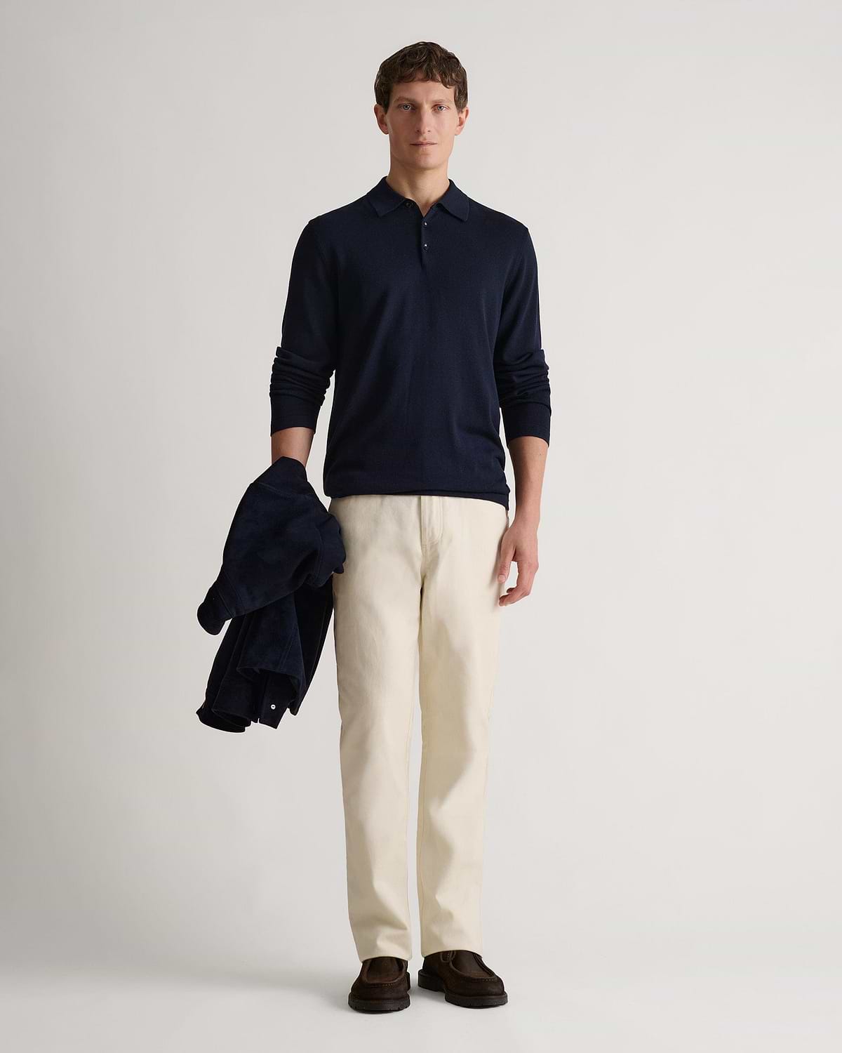 Men's Silk-Cotton Fine Knit Long Sleeve Polo - Indigo