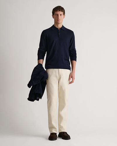 Men's Silk-Cotton Fine Knit Long Sleeve Polo - Indigo