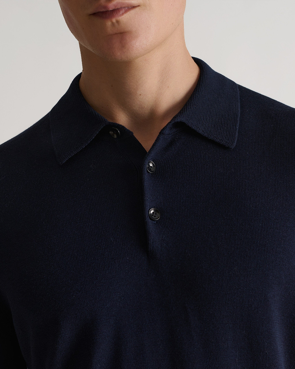 Men's Silk-Cotton Fine Knit Long Sleeve Polo - Indigo