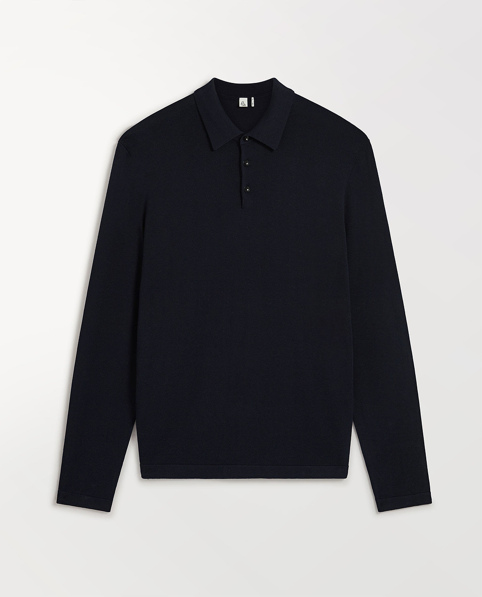 Men's Silk-Cotton Fine Knit Long Sleeve Polo - Indigo