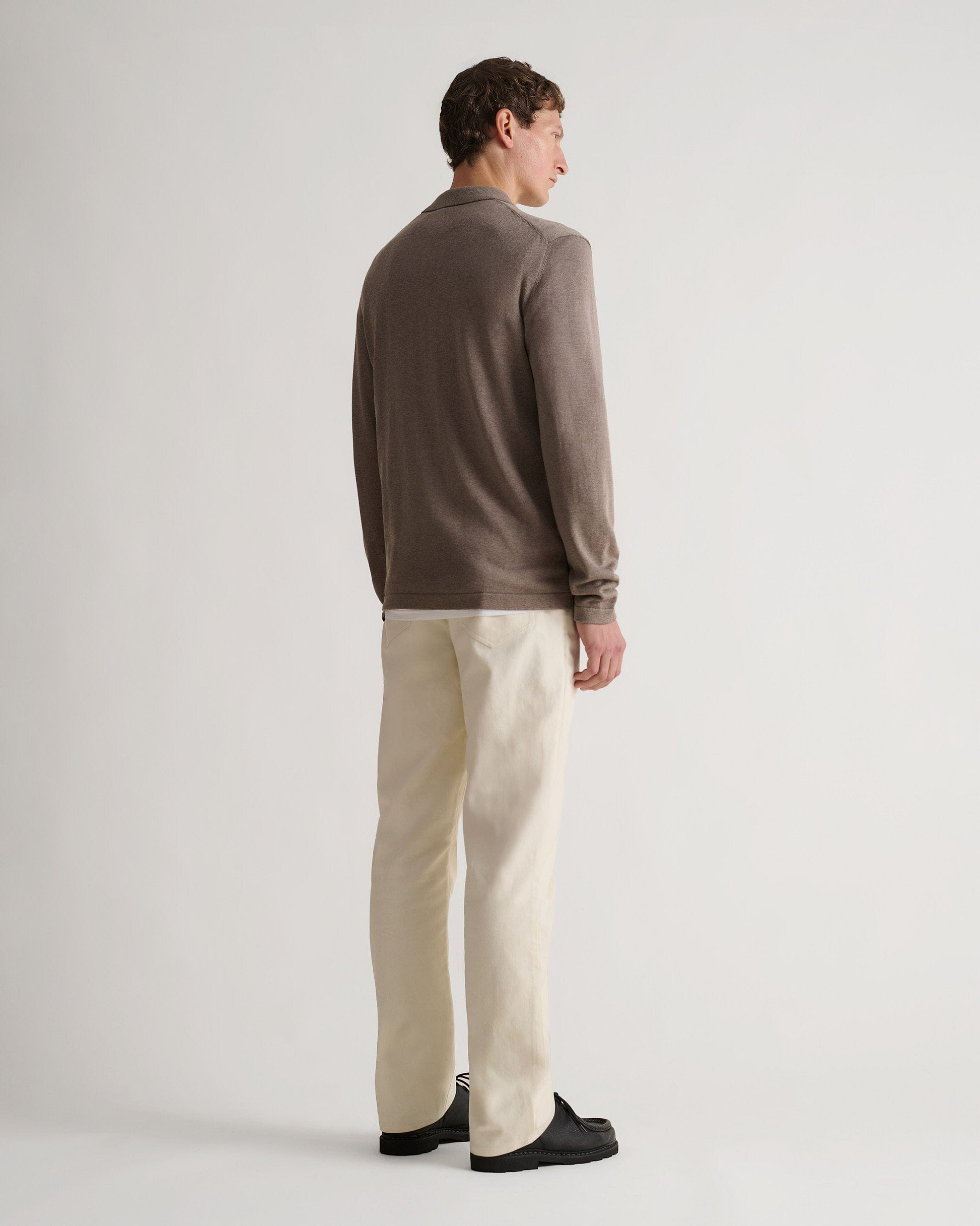 Men's Silk-Cotton Fine Knit Long Sleeve Polo - Mole