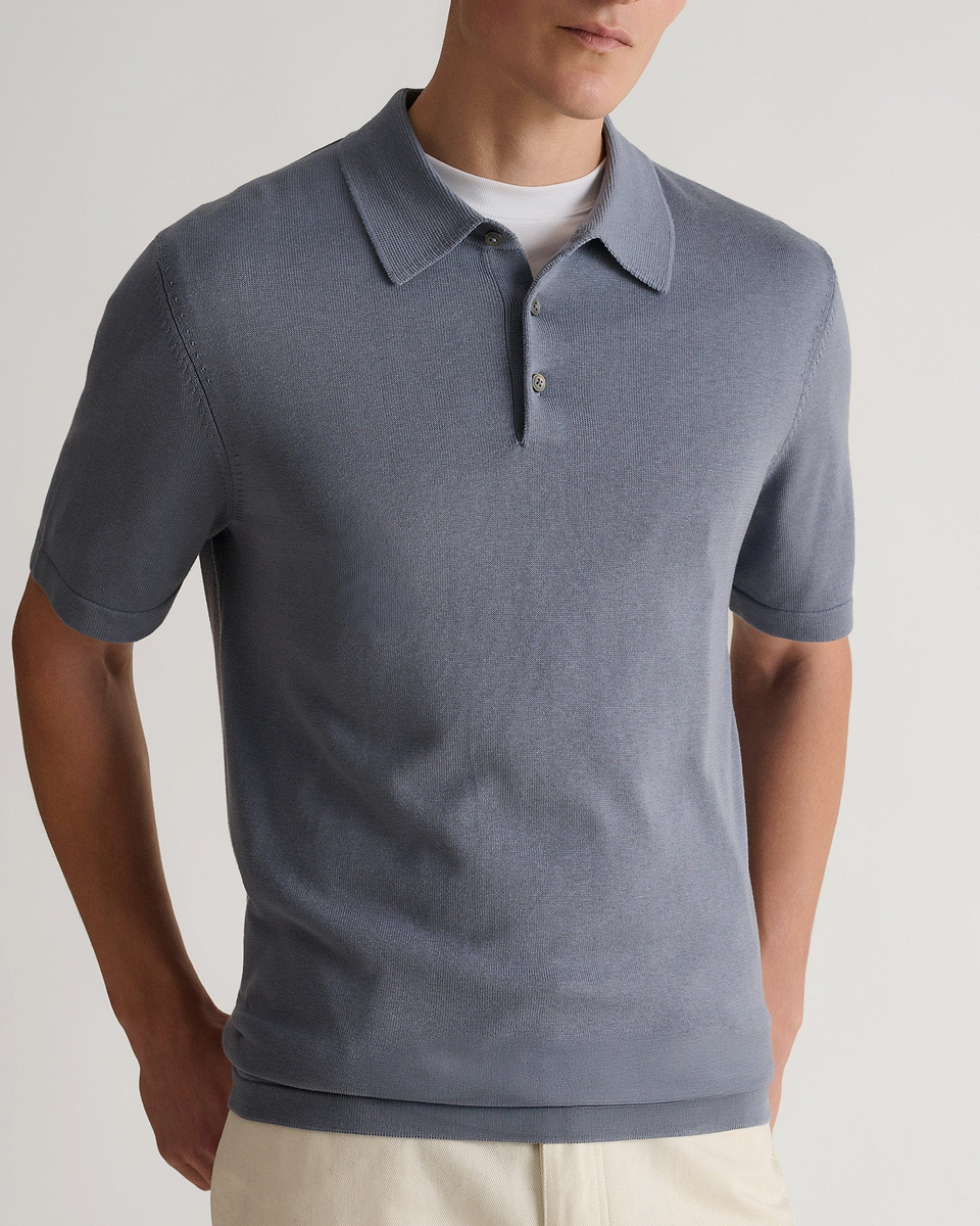 Men's Silk-Cotton Fine Knit Polo - Steel Blue