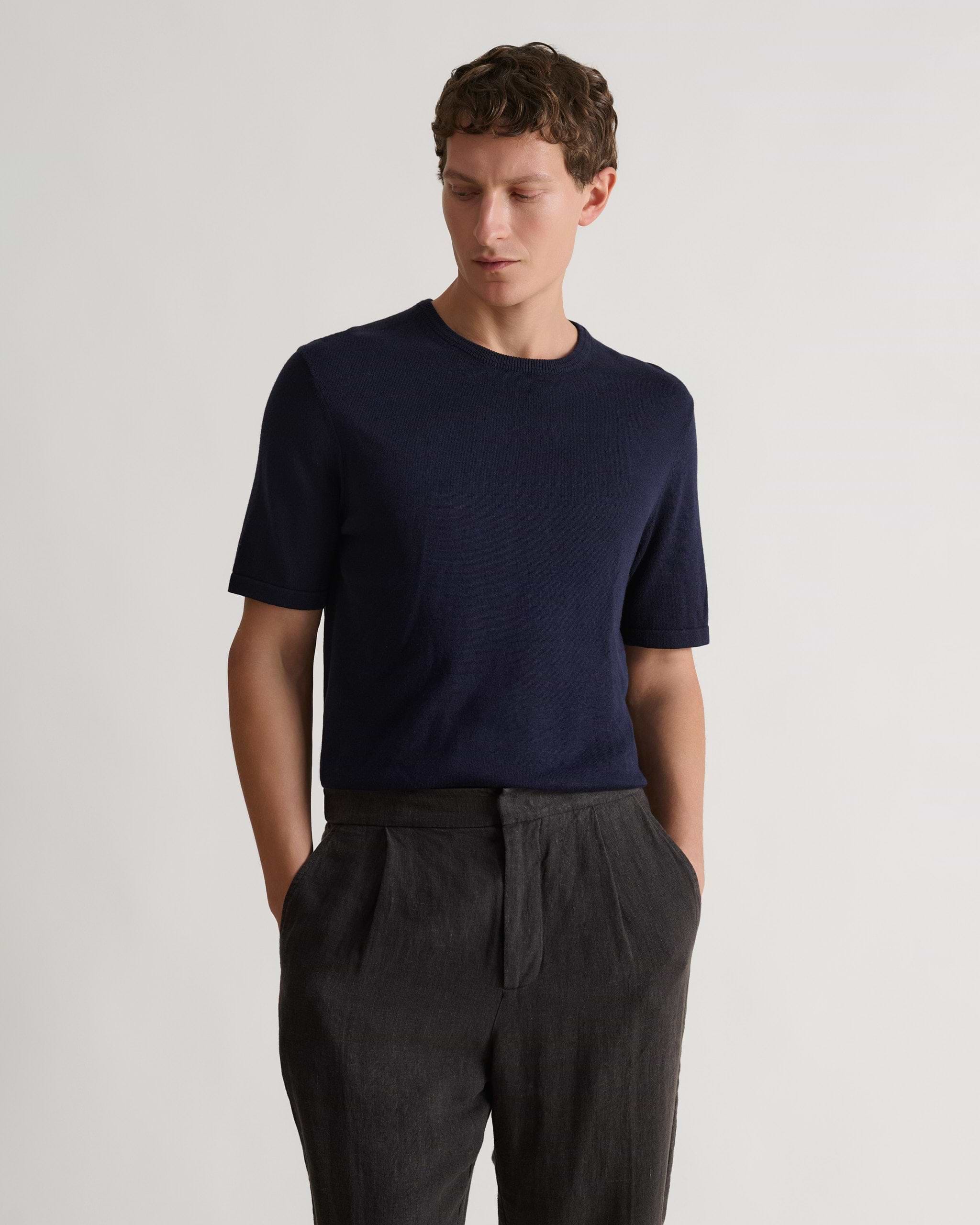 Men's Silk-Cotton Fine Knit T-shirt - Indigo