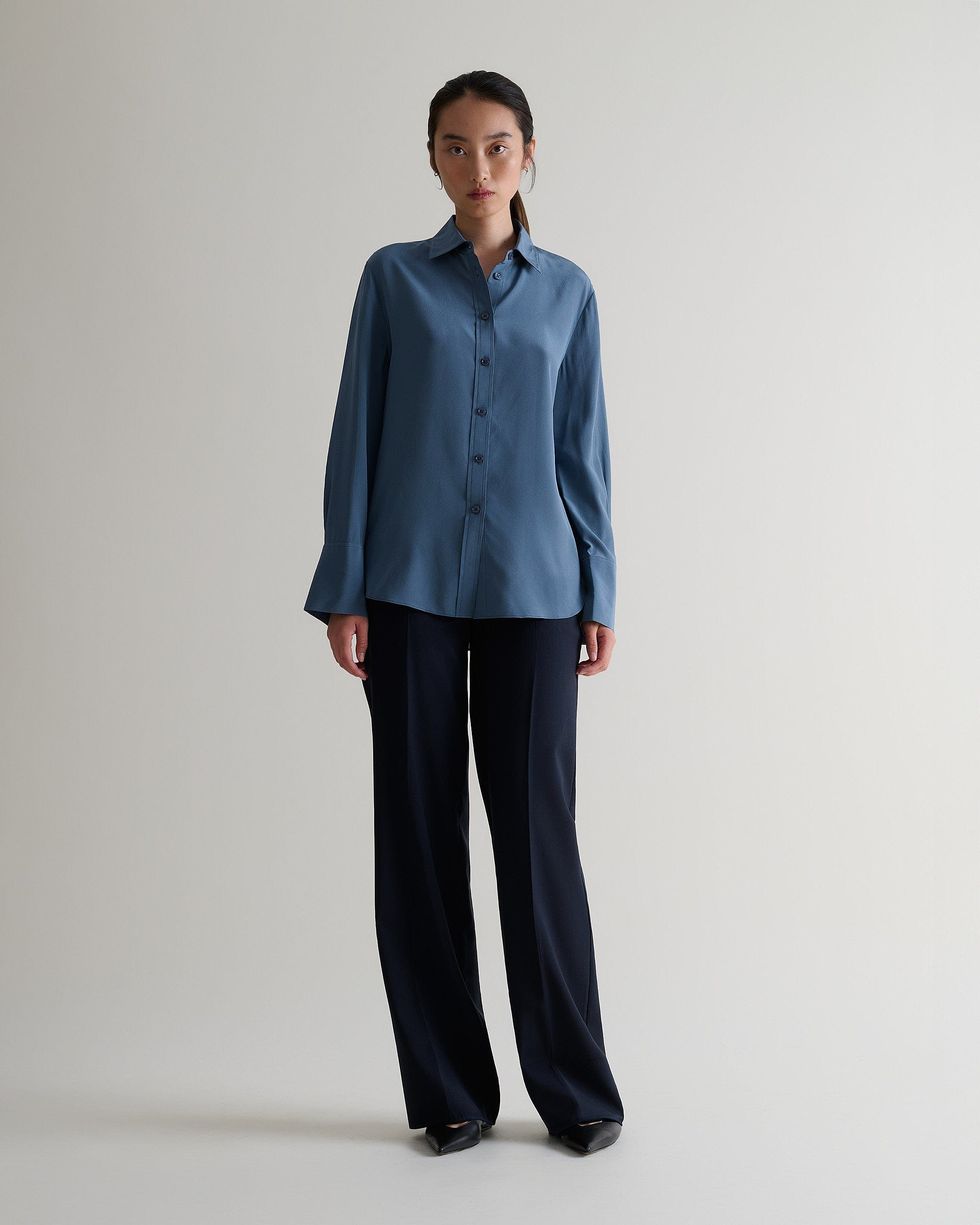 Women's Silk Crepe Shirt - Pewter-[colour]-[size]-Rise &amp; Fall