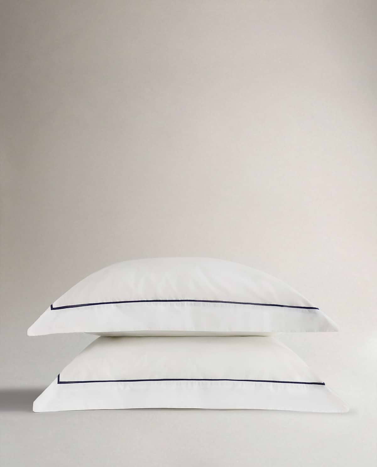 Soft & Smooth Cotton Pillow Sham Set - White Navy Piping