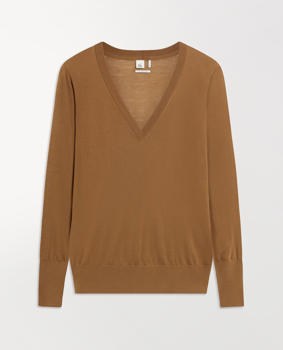 Women's Superfine Merino V Neck Jumper - Deep Camel