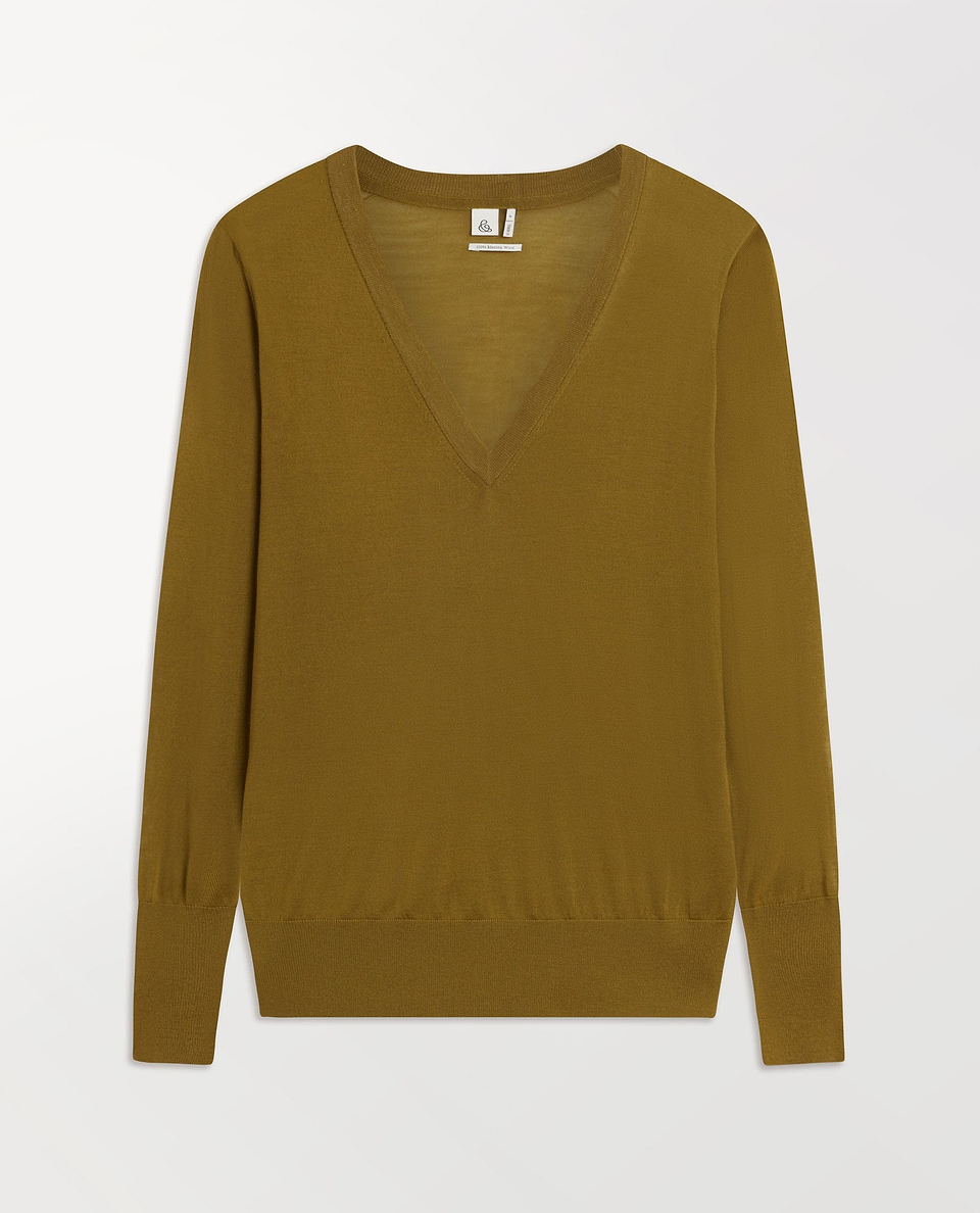 Women's Superfine Merino V Neck Jumper - Golden Olive
