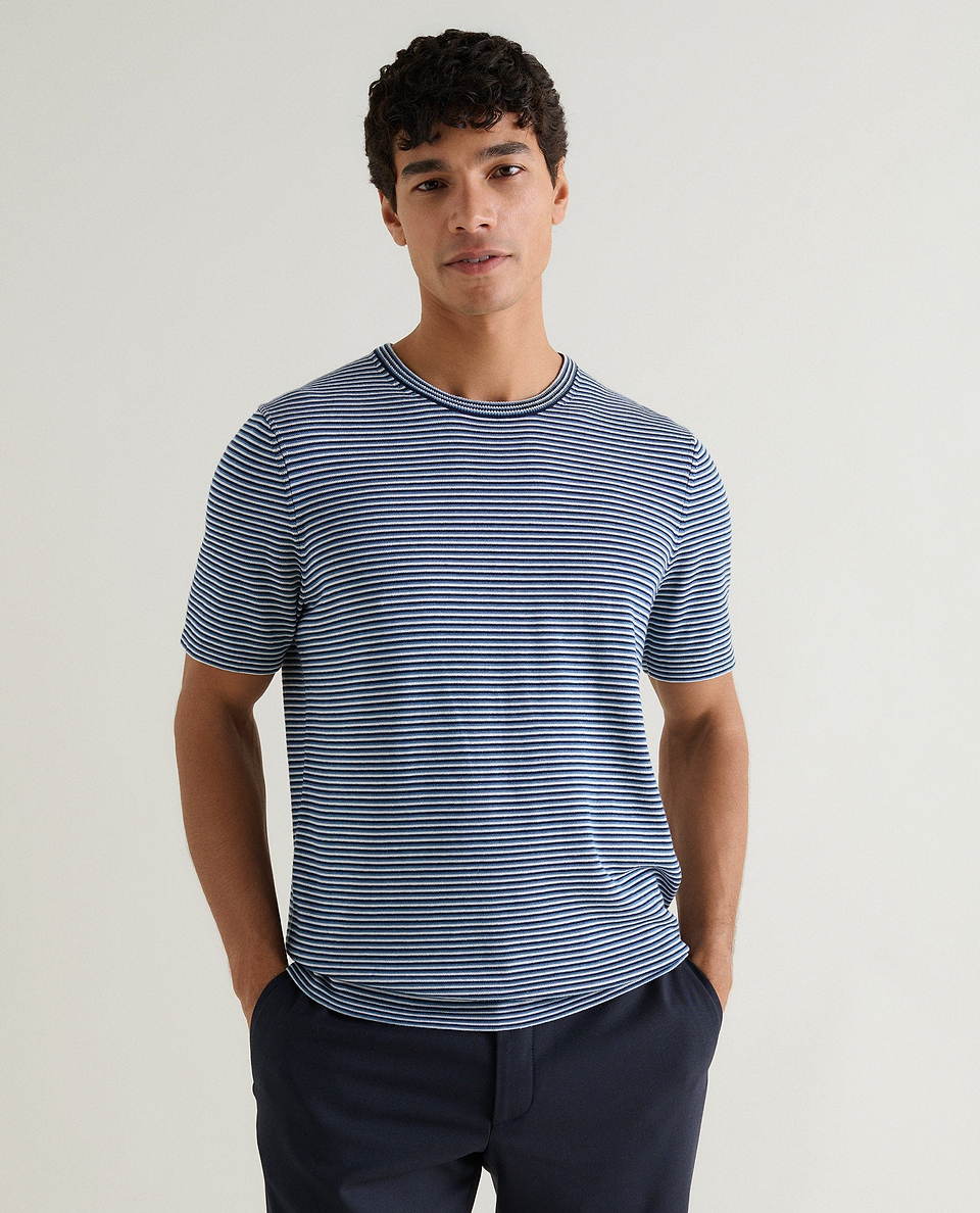 Men's Silk-Cotton Fine Knit Stripe T-Shirt - The Blues