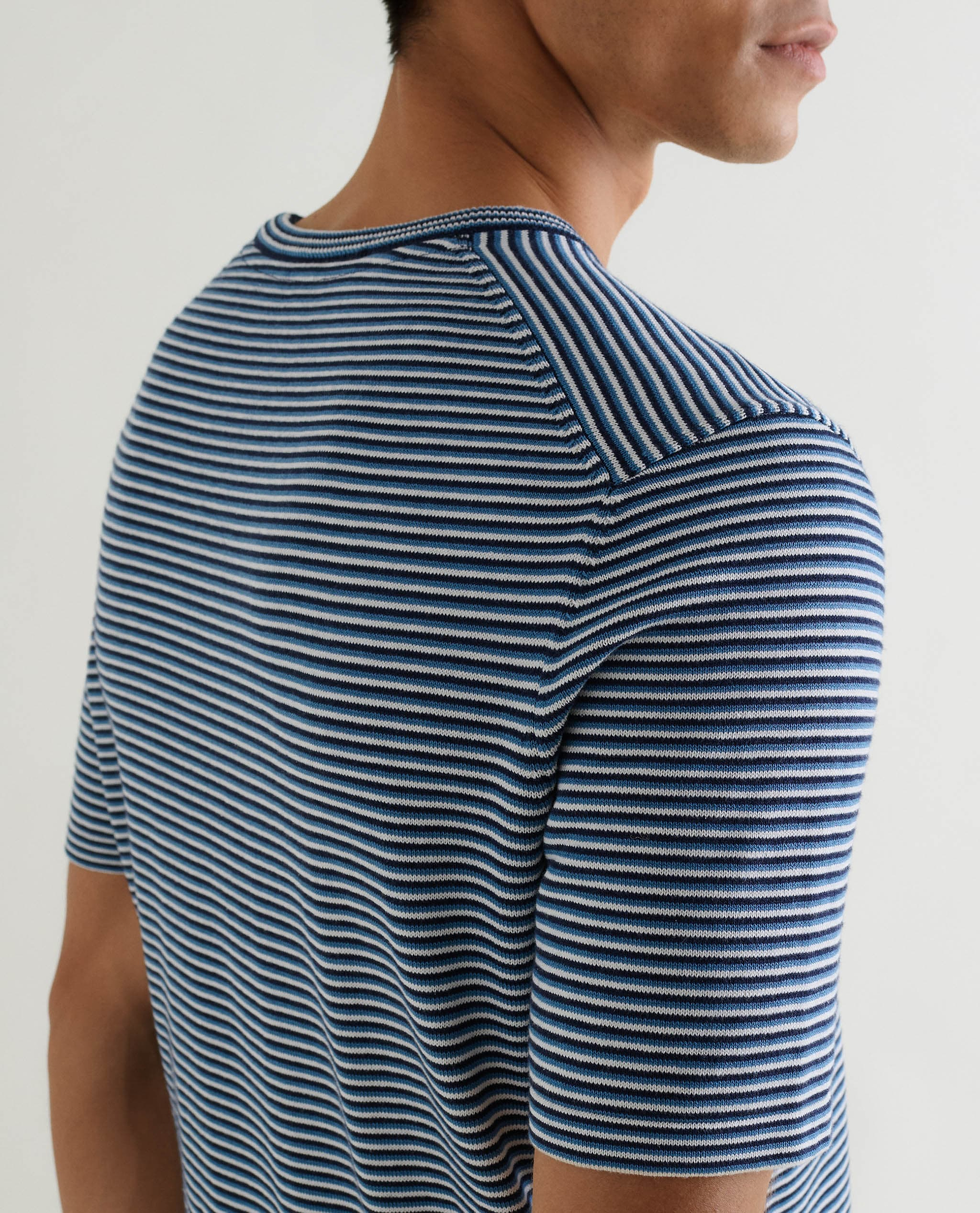 Men's Silk-Cotton Fine Knit Stripe T-Shirt - The Blues
