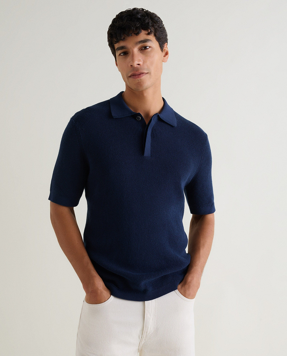 Men's Waffle Knit Cotton Polo - Blue