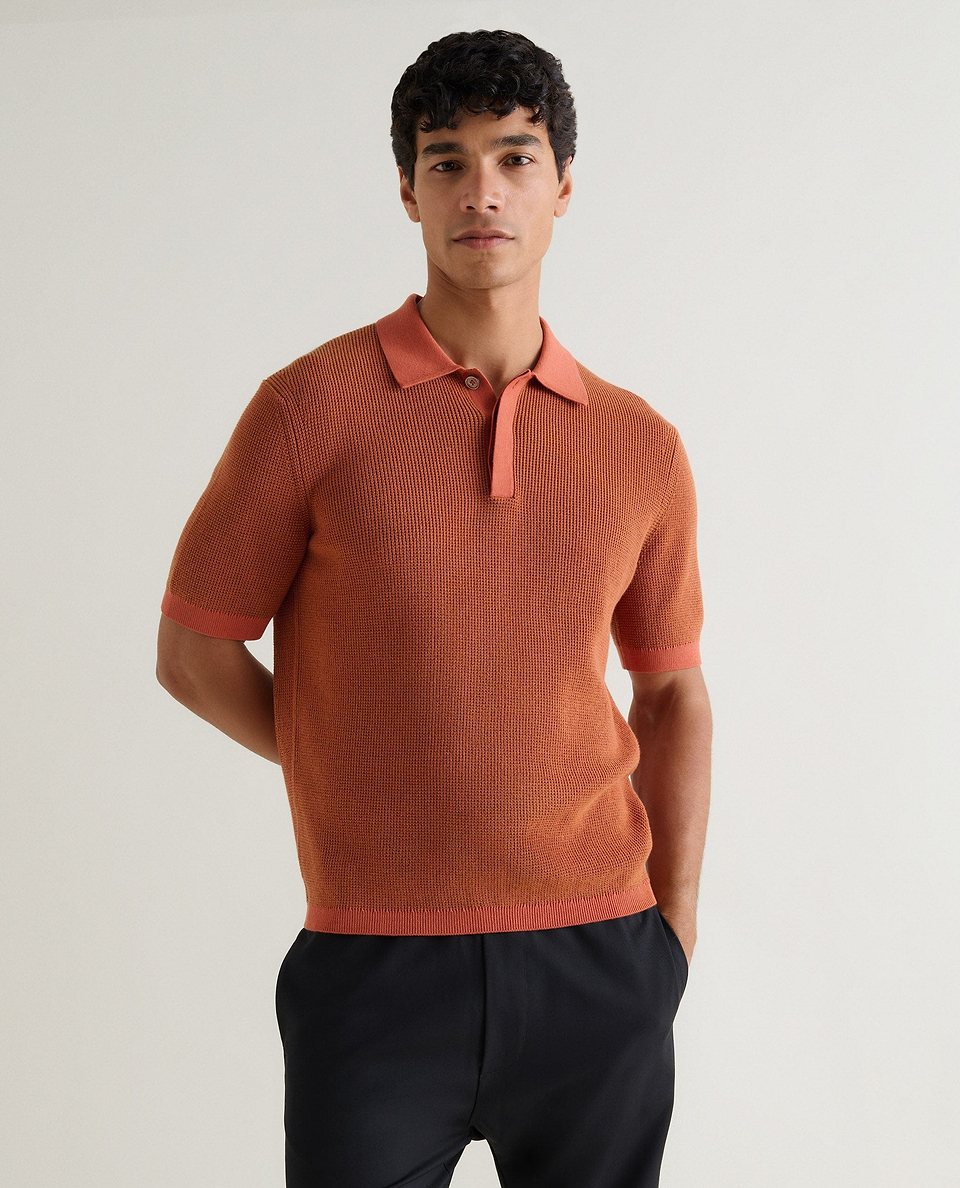 Men's Waffle Knit Cotton Polo - Tobacco