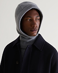Image 1 of 2 showing man wearing Rise & Fall's grey Cashmere Merino Knitted Hood.