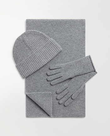 Image 1 of 2 showing Rise & Fall's grey cashmere merino ribbed scarf, beanie and glove bundle