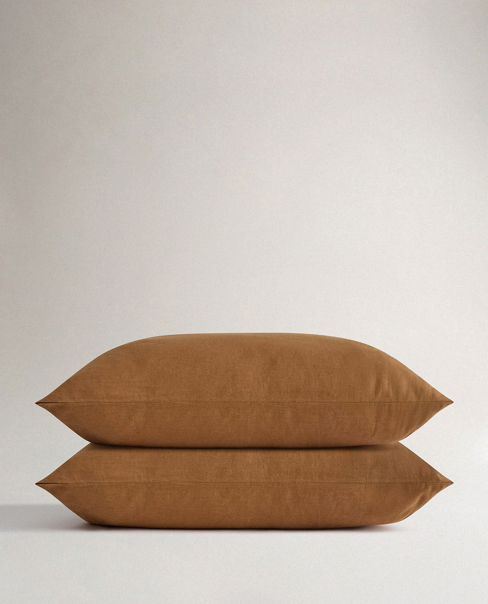 Image 1 of 2 showing Rise & Fall's Relaxed & Refined European Flax™ Linen Pillowcase Set, colour: ochre.