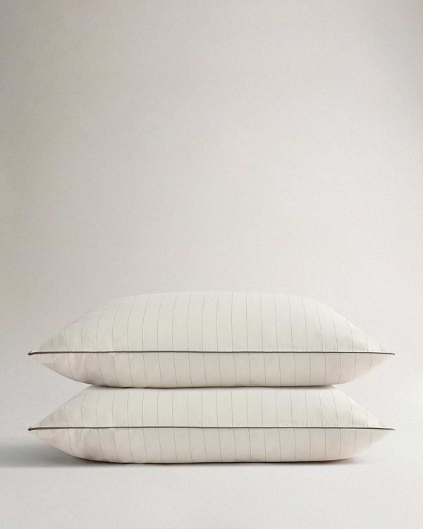Image 1 of 3 showing Rise & Fall's Soft & Smooth Cotton Sateen Pillowcase Set in buttermilk stripe.