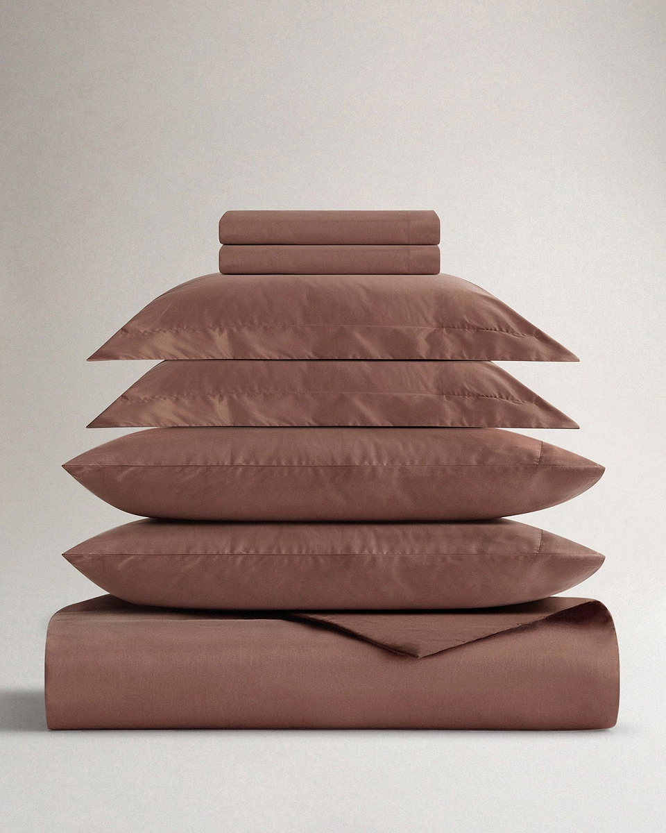 Image 1 of 3 showing Rise & Fall's Soft & Smooth organic sateen cotton comforter set, colour: clay, size: king.