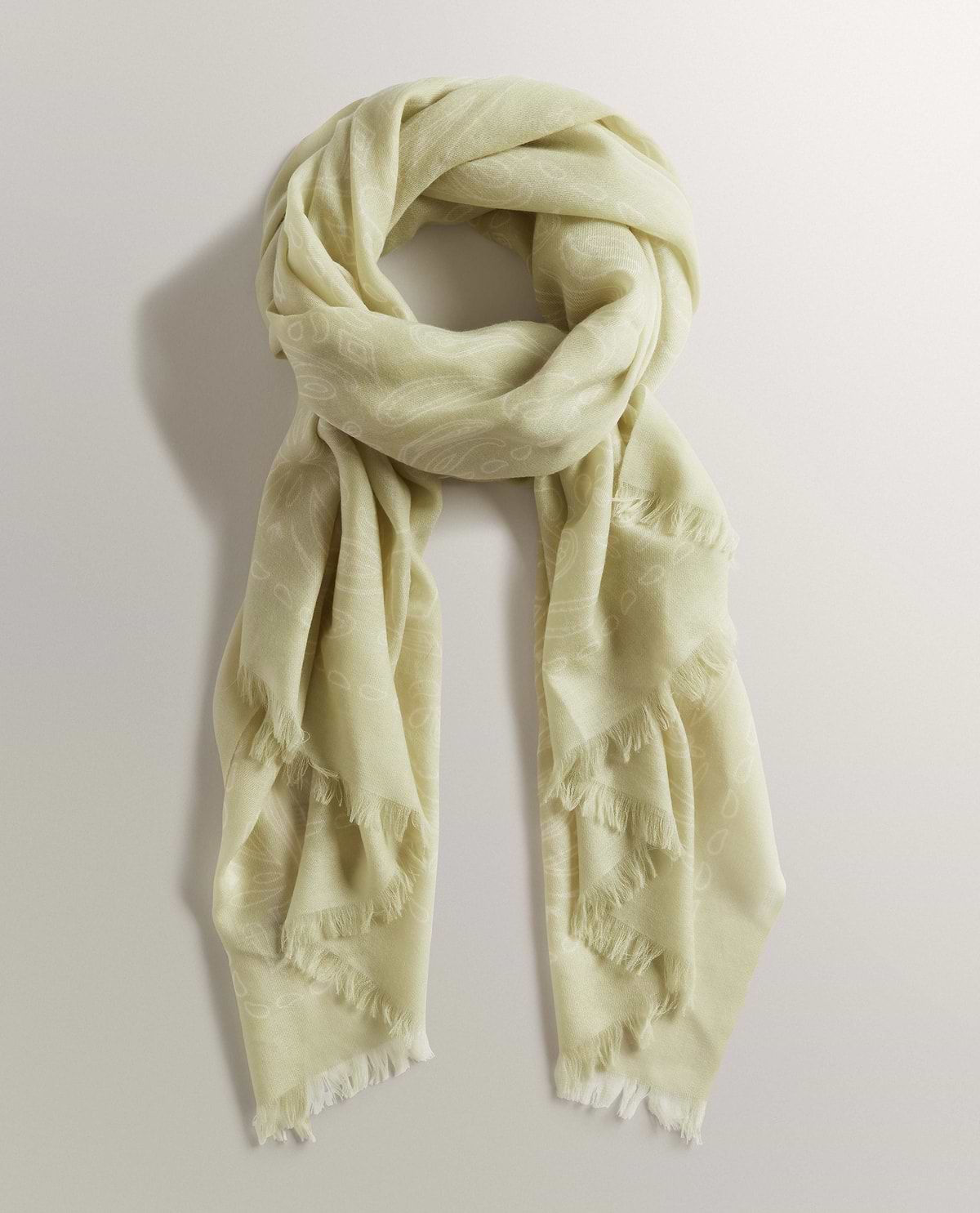 Image 1 of 3 showing Rise & Fall's women's Lightweight Cashmere Scarf With Ampersand Print in lichen green.