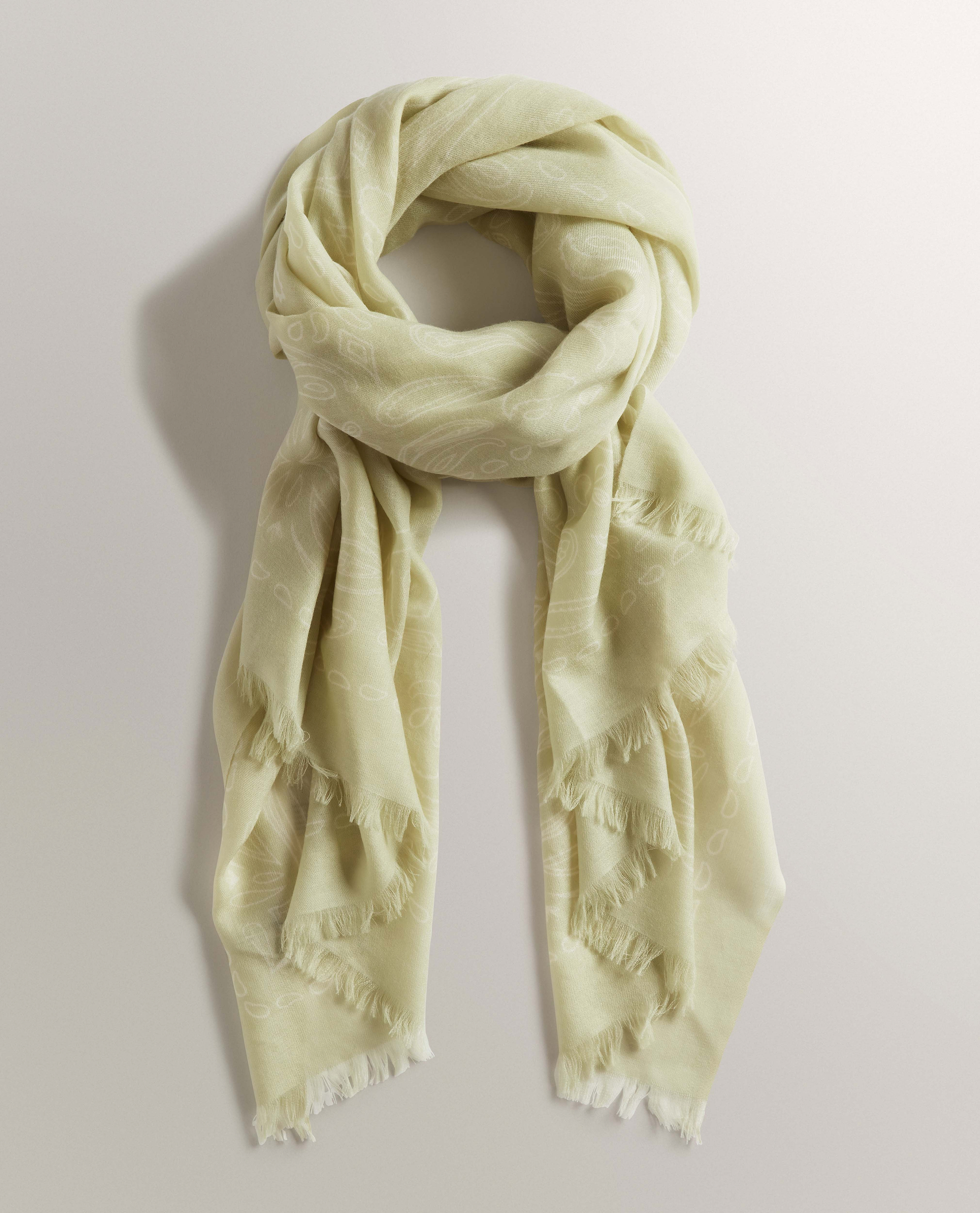 Image 1 of 3 showing Rise & Fall's women's Lightweight Cashmere Scarf With Ampersand Print in lichen green. 
