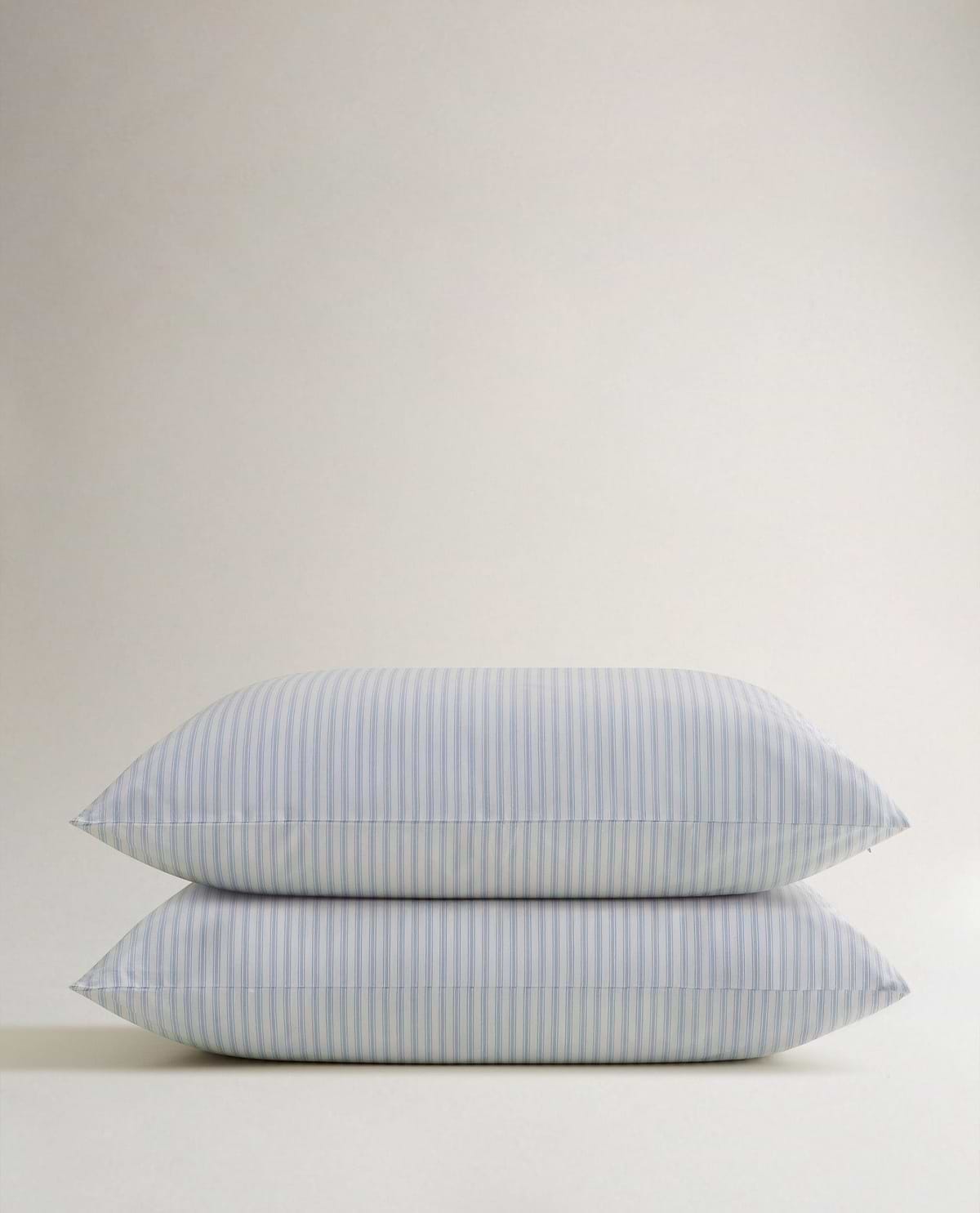 Image 1 of 4 showing Rise & Fall's Crisp & Cool Organic Cotton Pillowcase Set, colour: blue stripes.