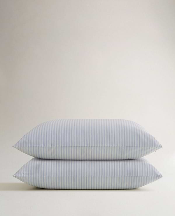 Image 1 of 4 showing Rise & Fall's Crisp & Cool Organic Cotton Pillowcase Set, colour: blue stripes.