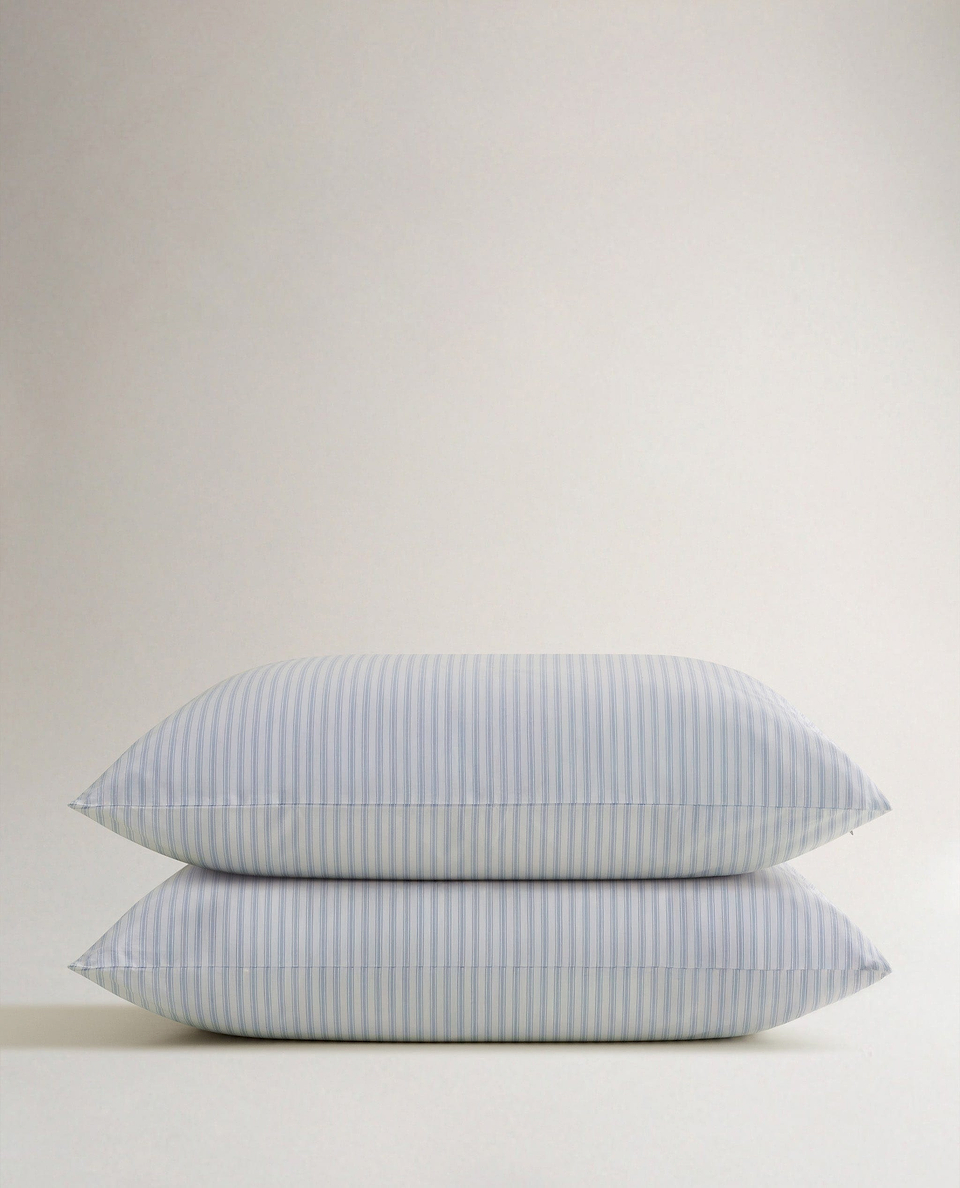 Image 1 of 4 showing Rise & Fall's Crisp & Cool Organic Cotton Pillowcase Set, colour: blue stripes.