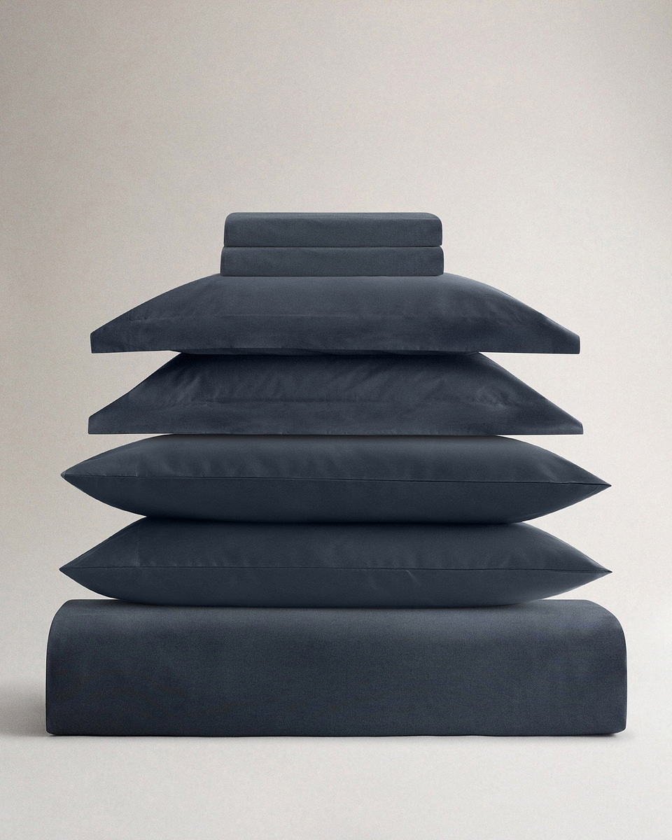 Image 1 of 4 showing Rise & Fall's Soft & Smooth organic sateen cotton comforter set, colour: indigo, size: queen.