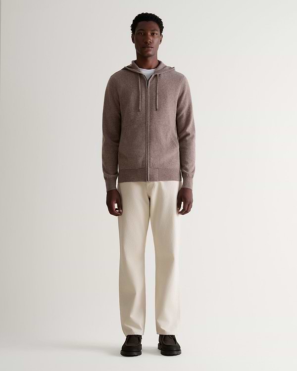Image 1 of 5 showing man wearing Rise & Fall's fine cashmere zip hoodie, toast.