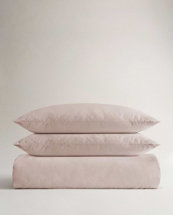 image 1 of 6 showing Rise & Fall's Relaxed & Refined linen duvet set, fabric: European flax, colour: bruised peach