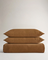 image 1 of 6 showing Rise & Fall's Relaxed & Refined linen duvet set, fabric: European flax, colour: ochre