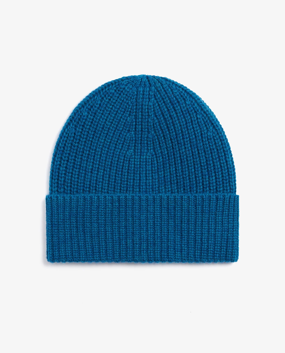 Image 2 of 2 showing Rise & Fall's Men's Cashmere Merino Ribbed Knit Beanie in viridian blue.