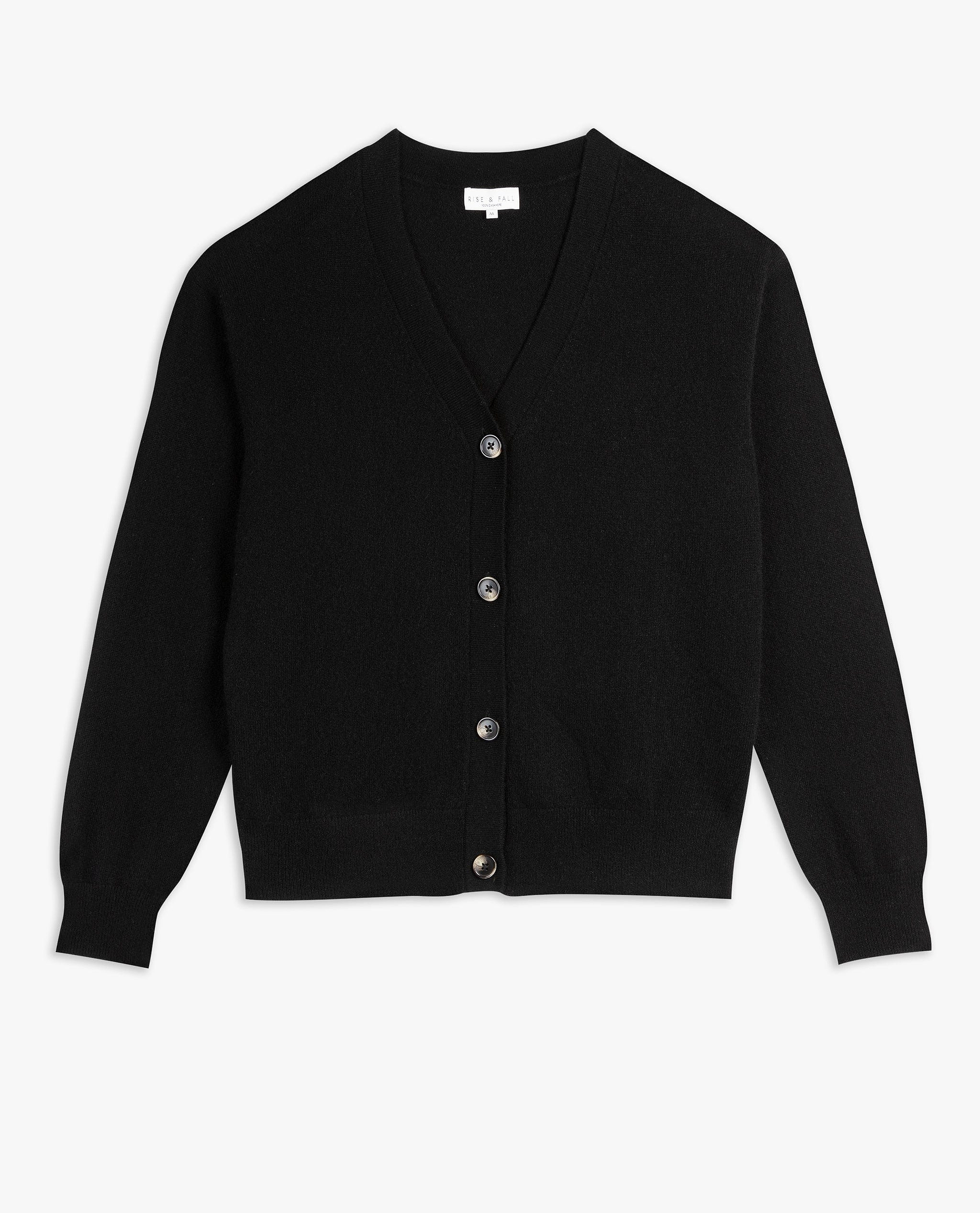 Image 2 of 3 showing Rise & Fall's black fine cashmere v-neck cardigan.