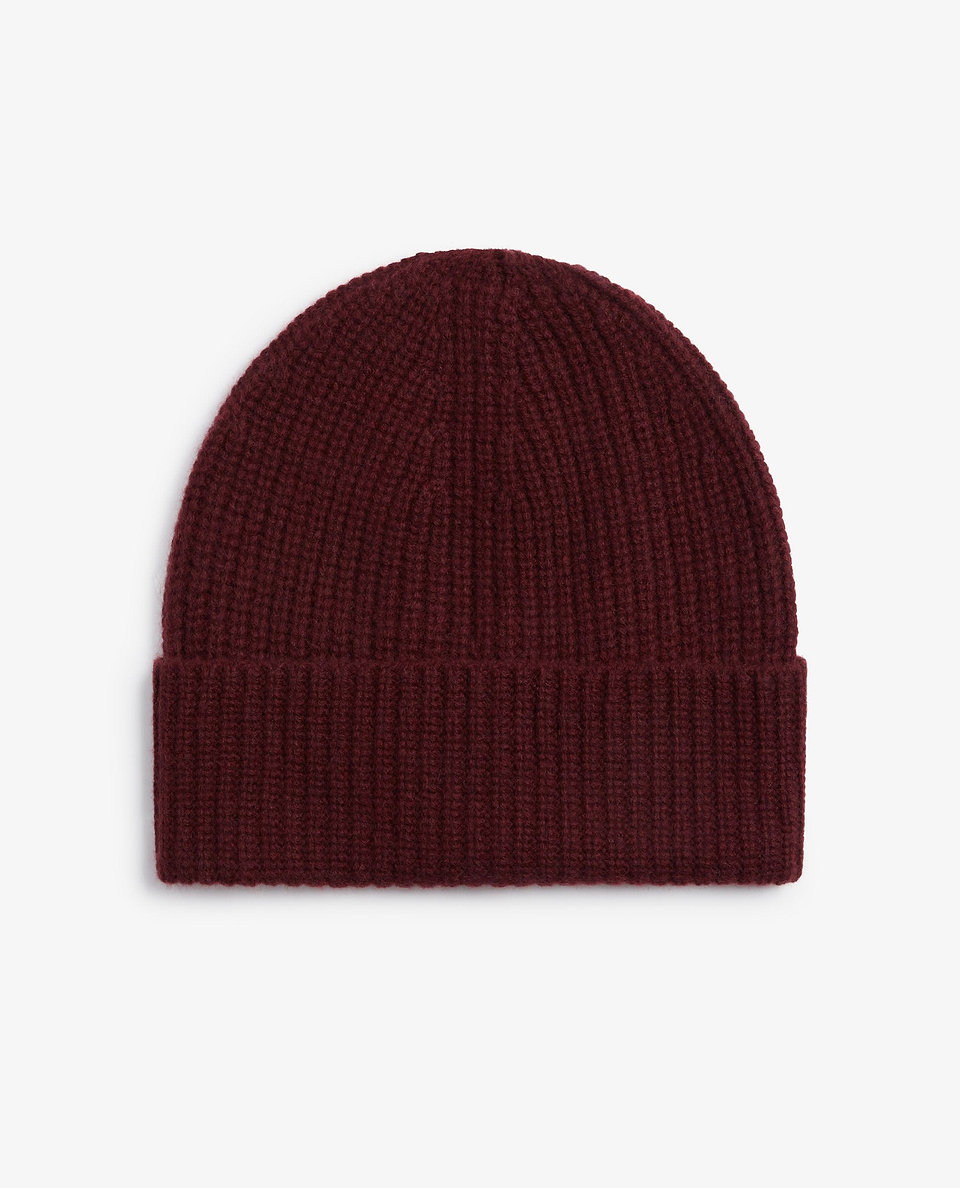 Image 2 of 3 showing Rise & Fall's Men's Cashmere Merino Ribbed Knit Beanie in oxblood.