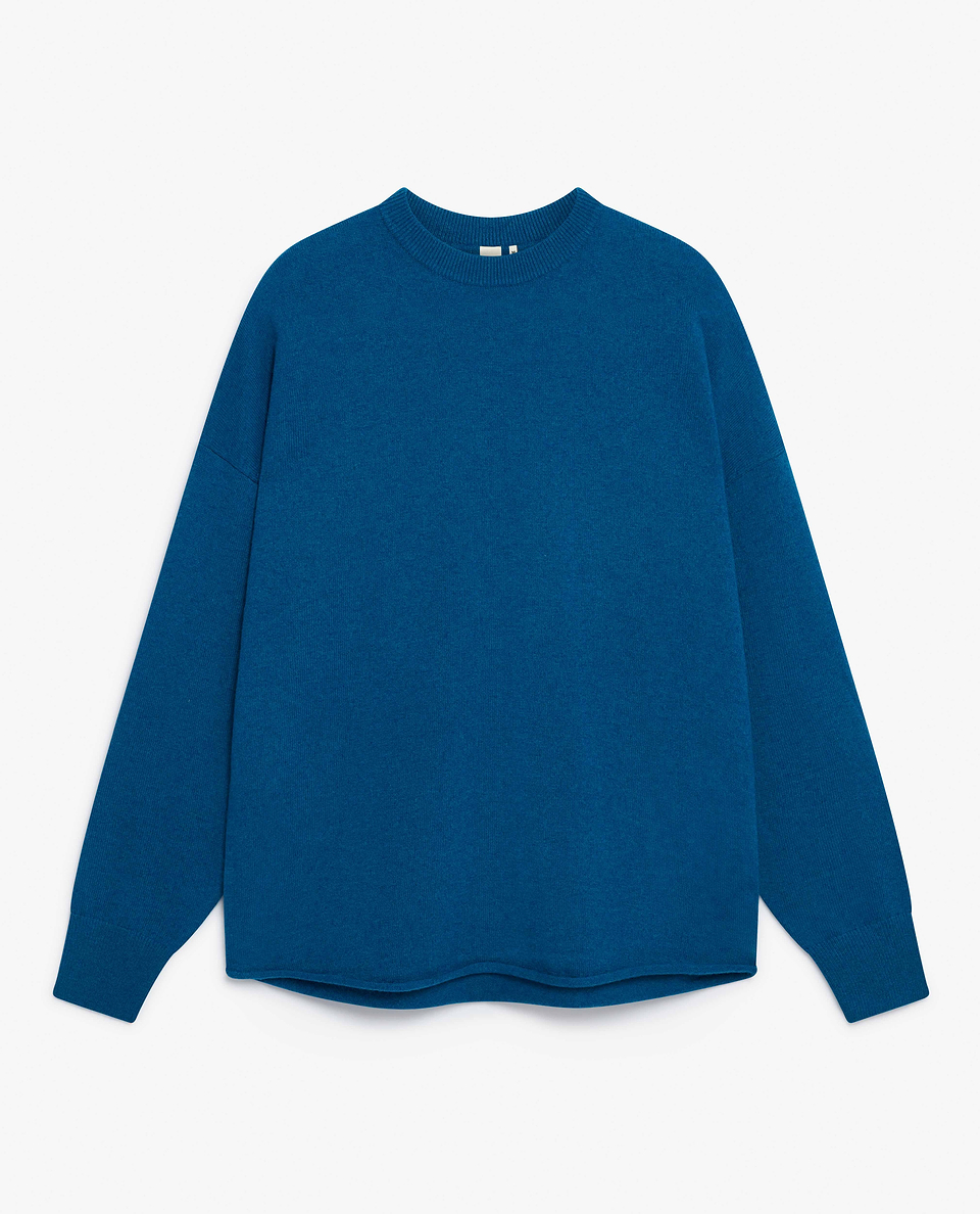 Image 2 of 3 showing Rise & Fall's viridian blue fine cashmere sweatshirt.