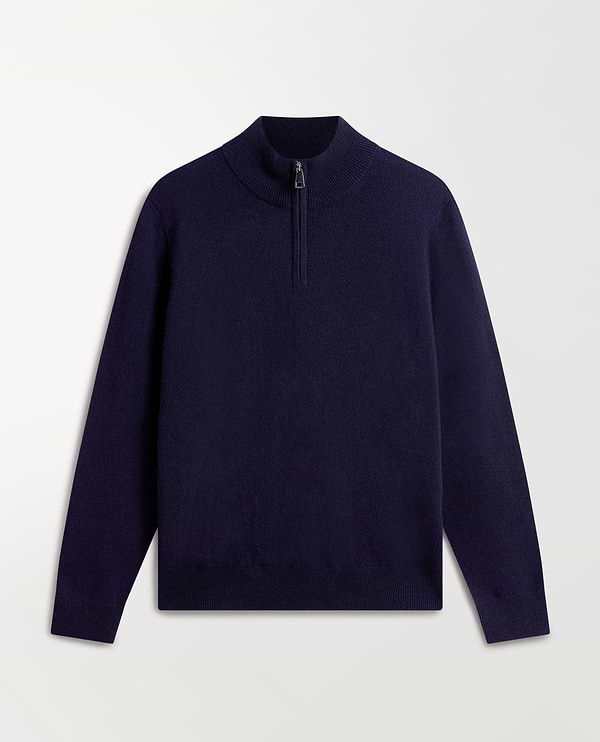 Image 2 of 5 showing Rise & Fall's fine cashmere 1/4 zip jumper, navy.