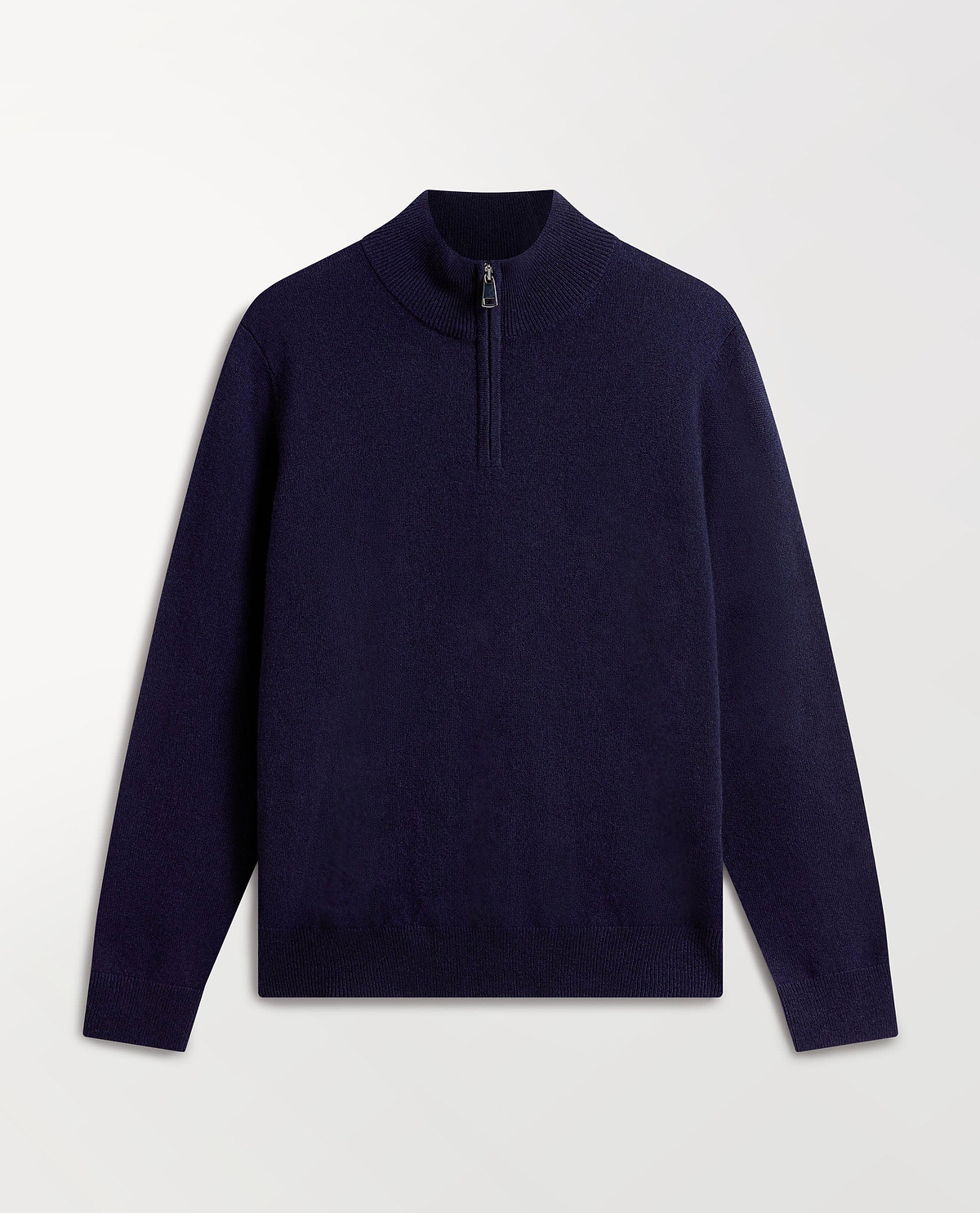 Image 2 of 5 showing Rise & Fall's fine cashmere 1/4 zip jumper, navy.