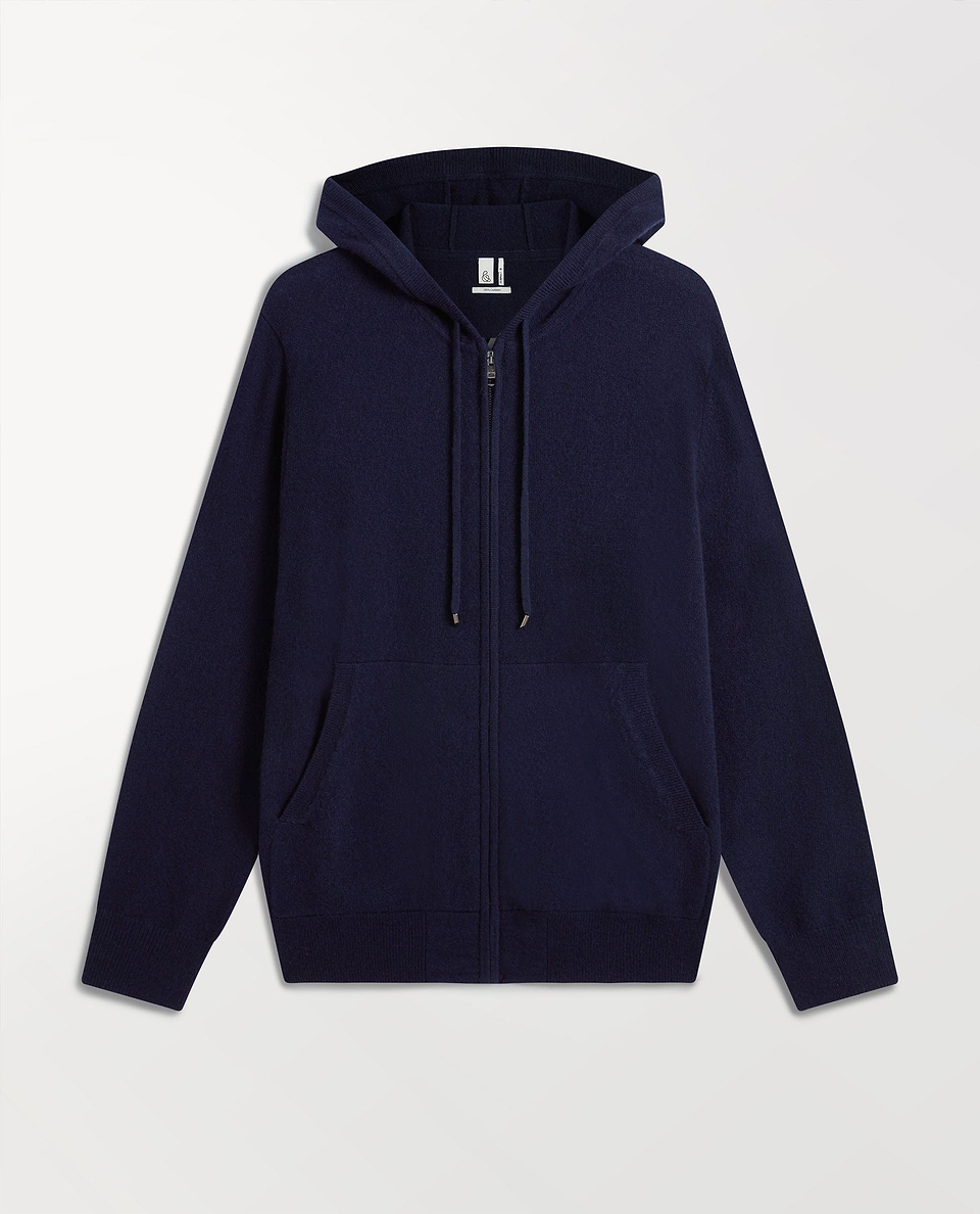 Image 2 of 5 showing Rise & Fall's fine cashmere zip hoodie, navy.