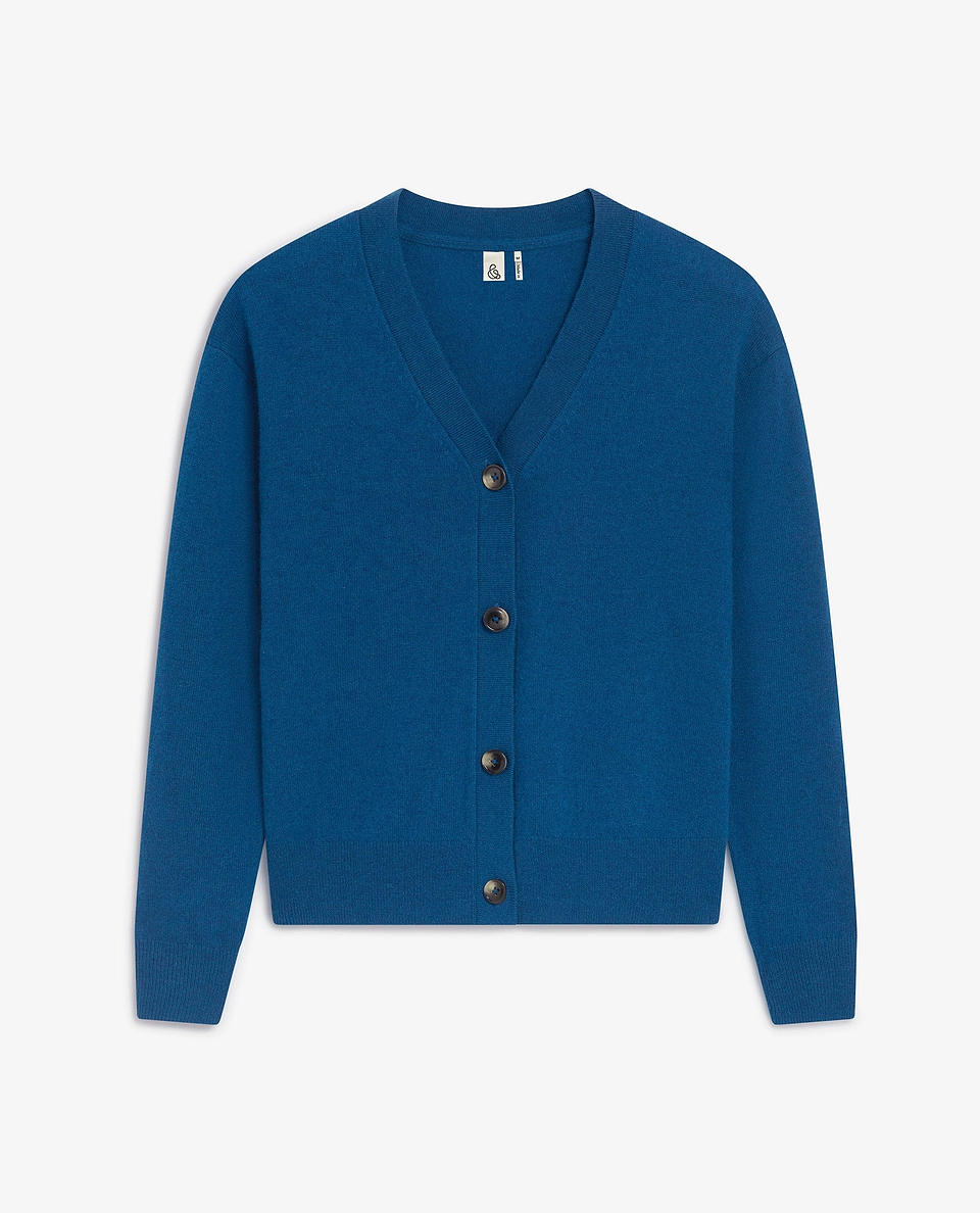 Image 2 of 5 showing Rise & Fall's women's fine cashmere v-neck in cardigan viridian blue. 