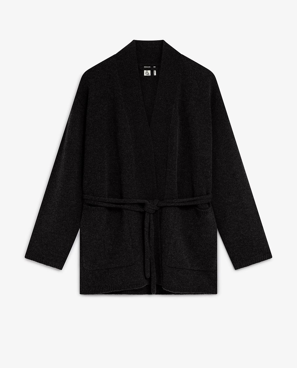 Image 2 of 5 showing Rise & Fall's black cashmere merino belted cardigan.